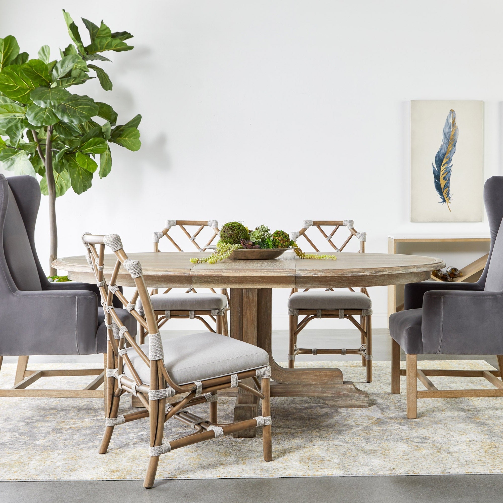Essentials For Living Torrey 60" round extension dining table in natural gray acacia finish with mixed seating style