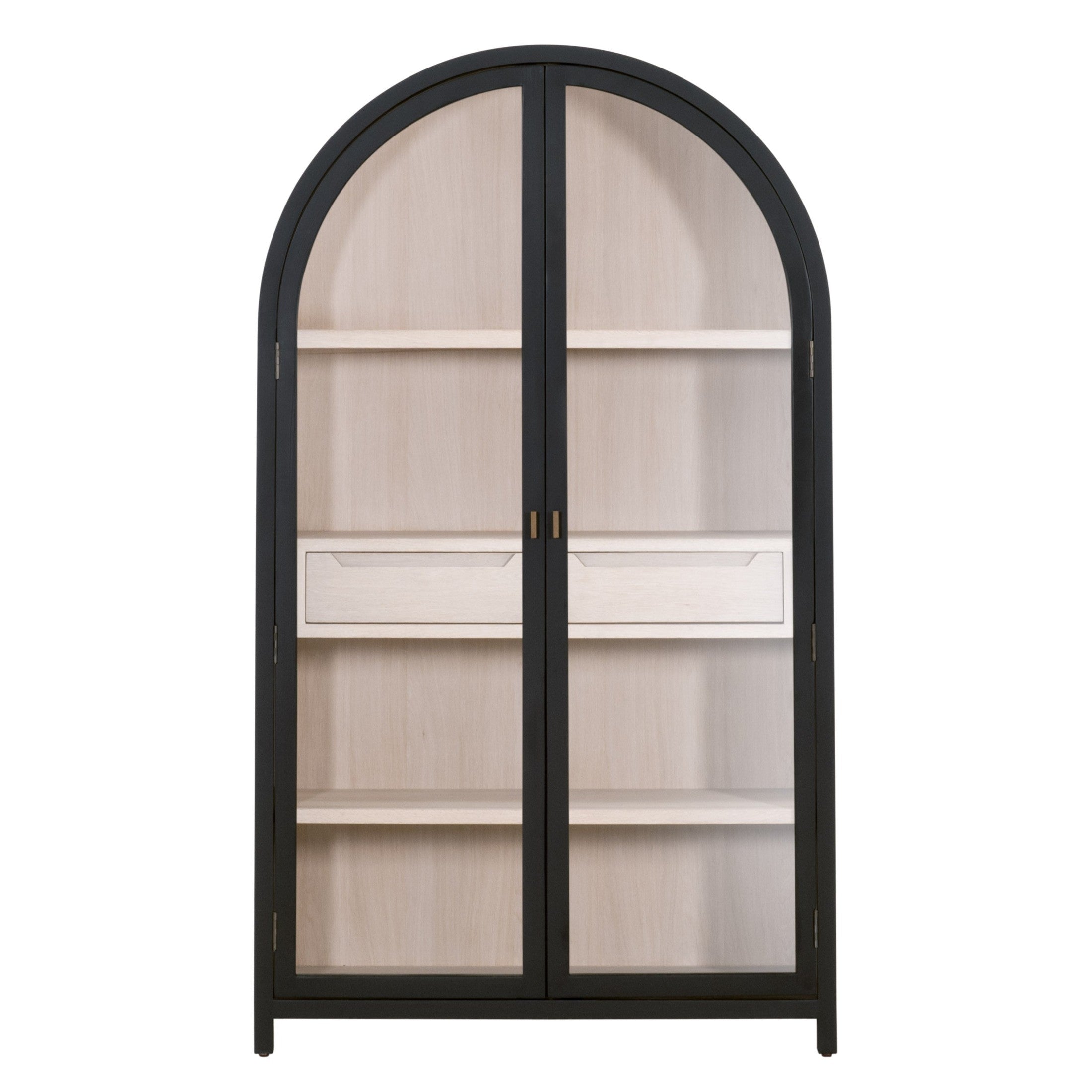 Tall display cabinet with black birch frame, natural oak interior, glass doors, and brushed gold handles by Essentials for Living