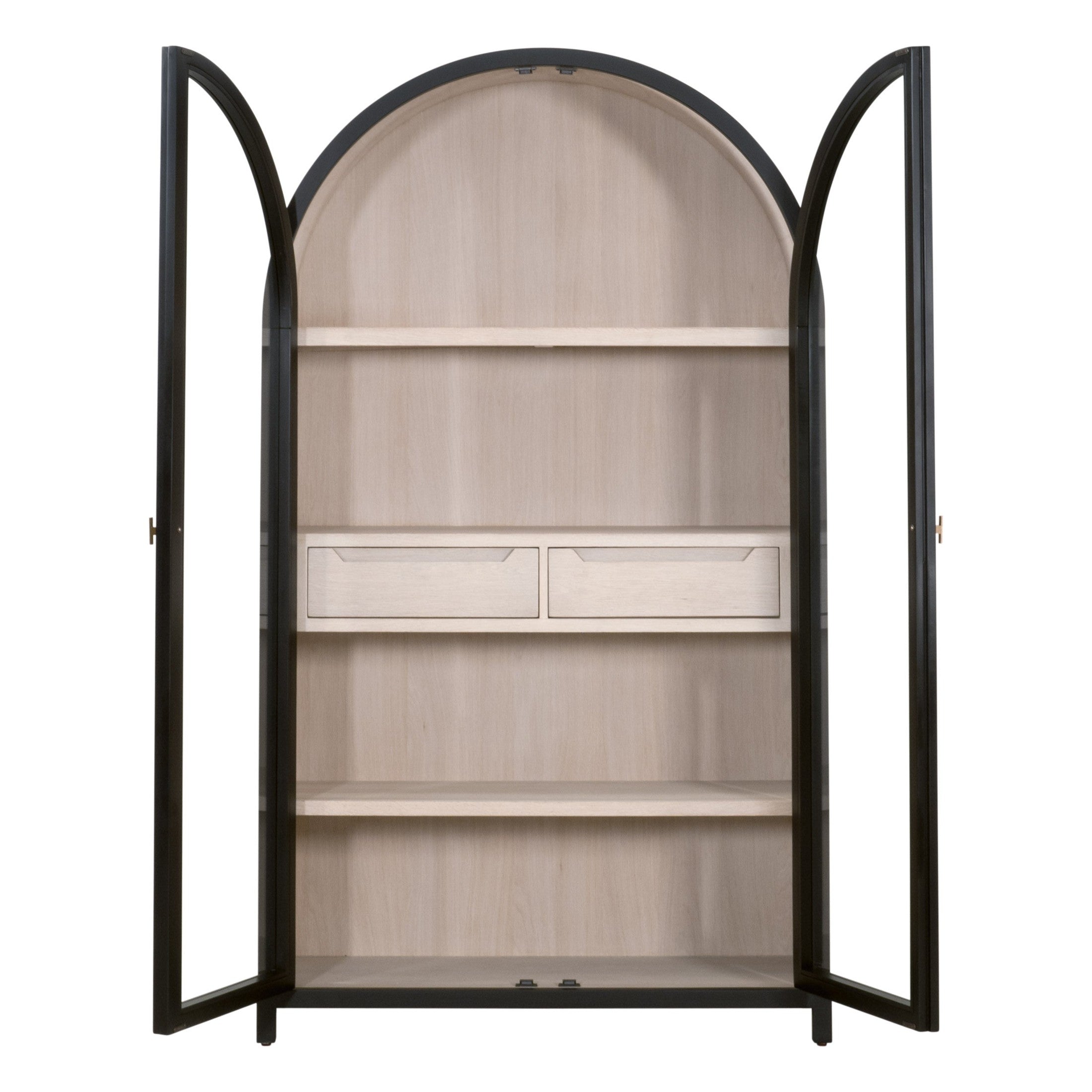 Toulouse Display Cabinet by Essentials For Living with black birch frame, natural oak interior, glass doors, and brushed gold hardware