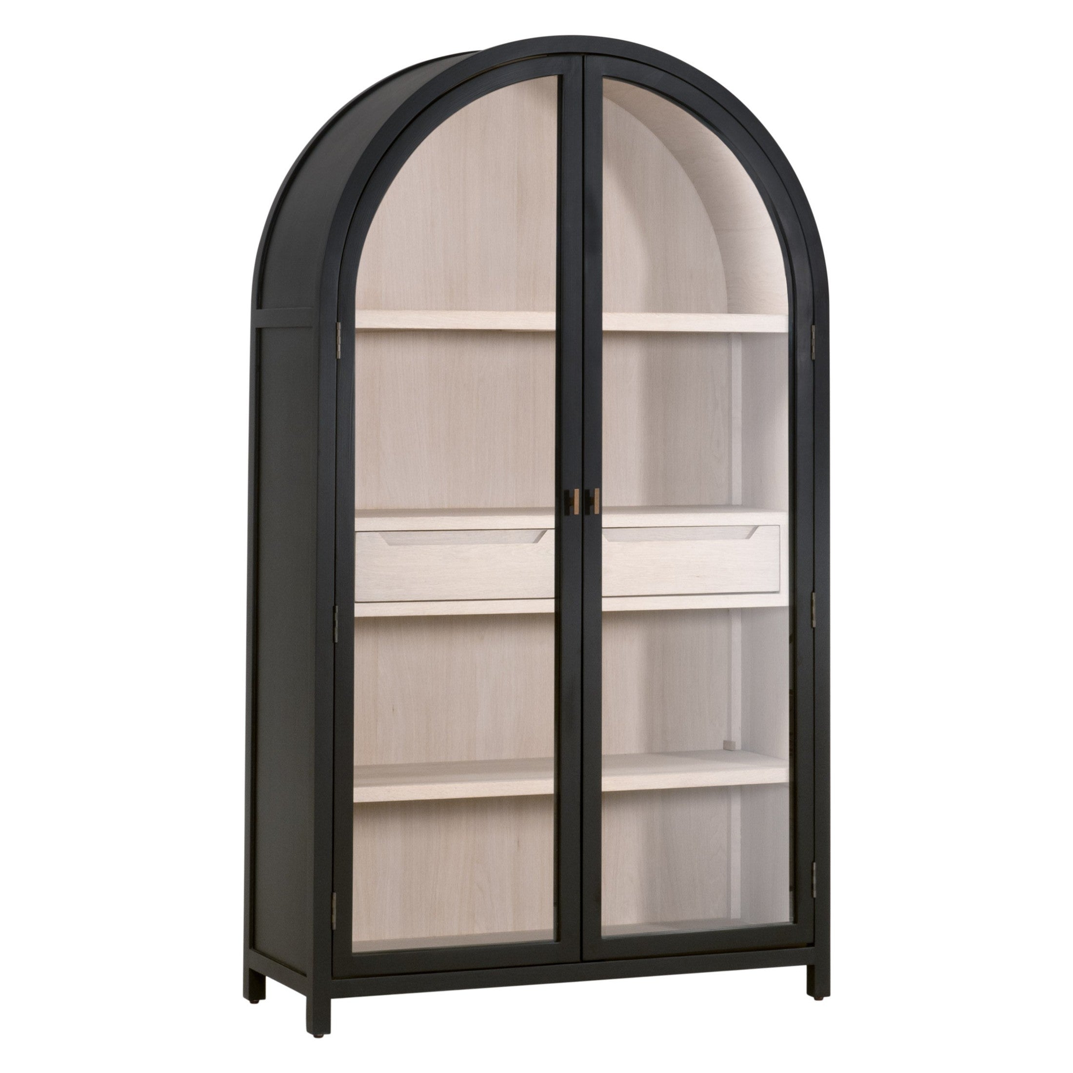 Tall Toulouse Display Cabinet with black birch frame, natural oak interior, glass doors, and brushed gold handles