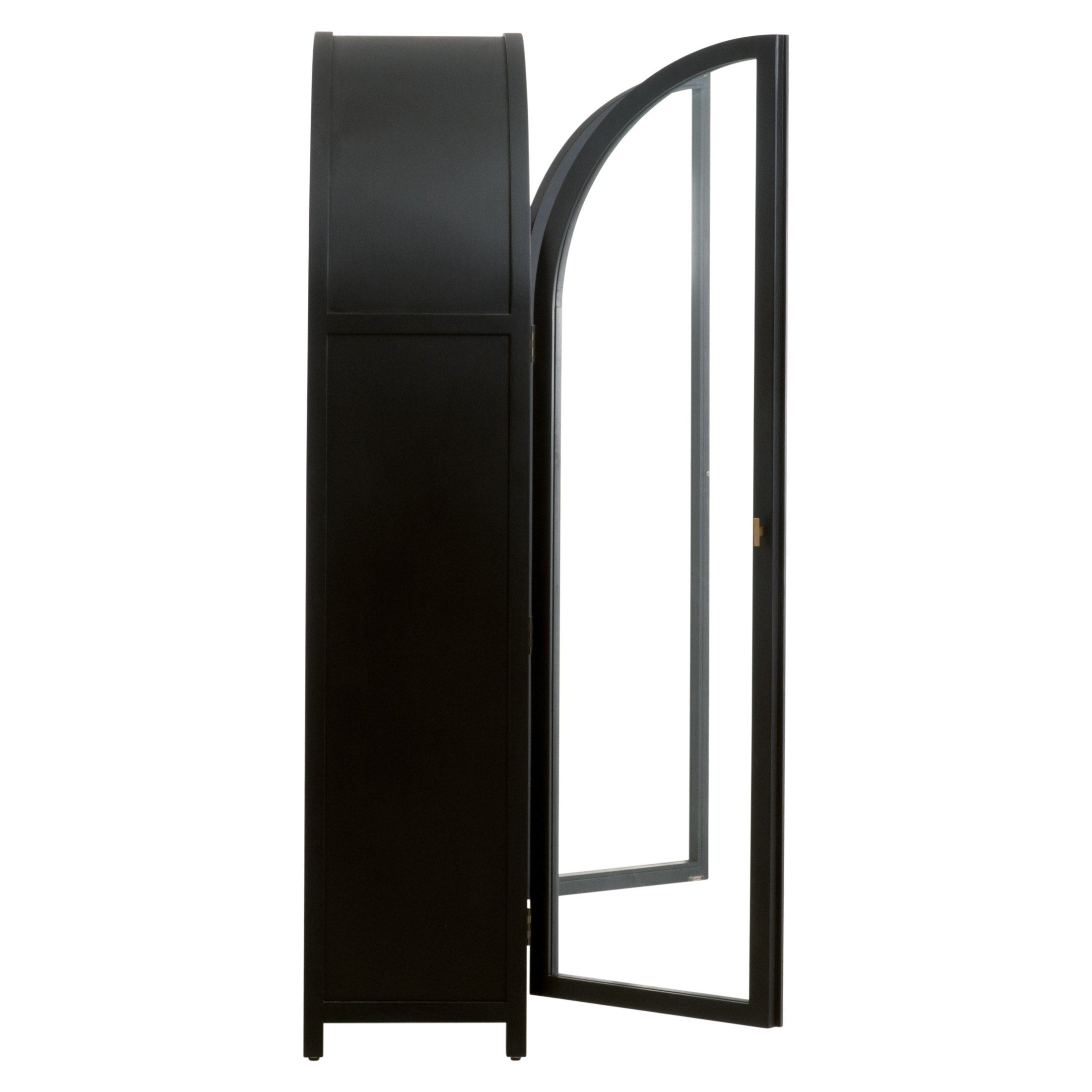 Side view of Essentials For Living Toulouse Display Cabinet with arched tempered glass door open showing black birch frame
