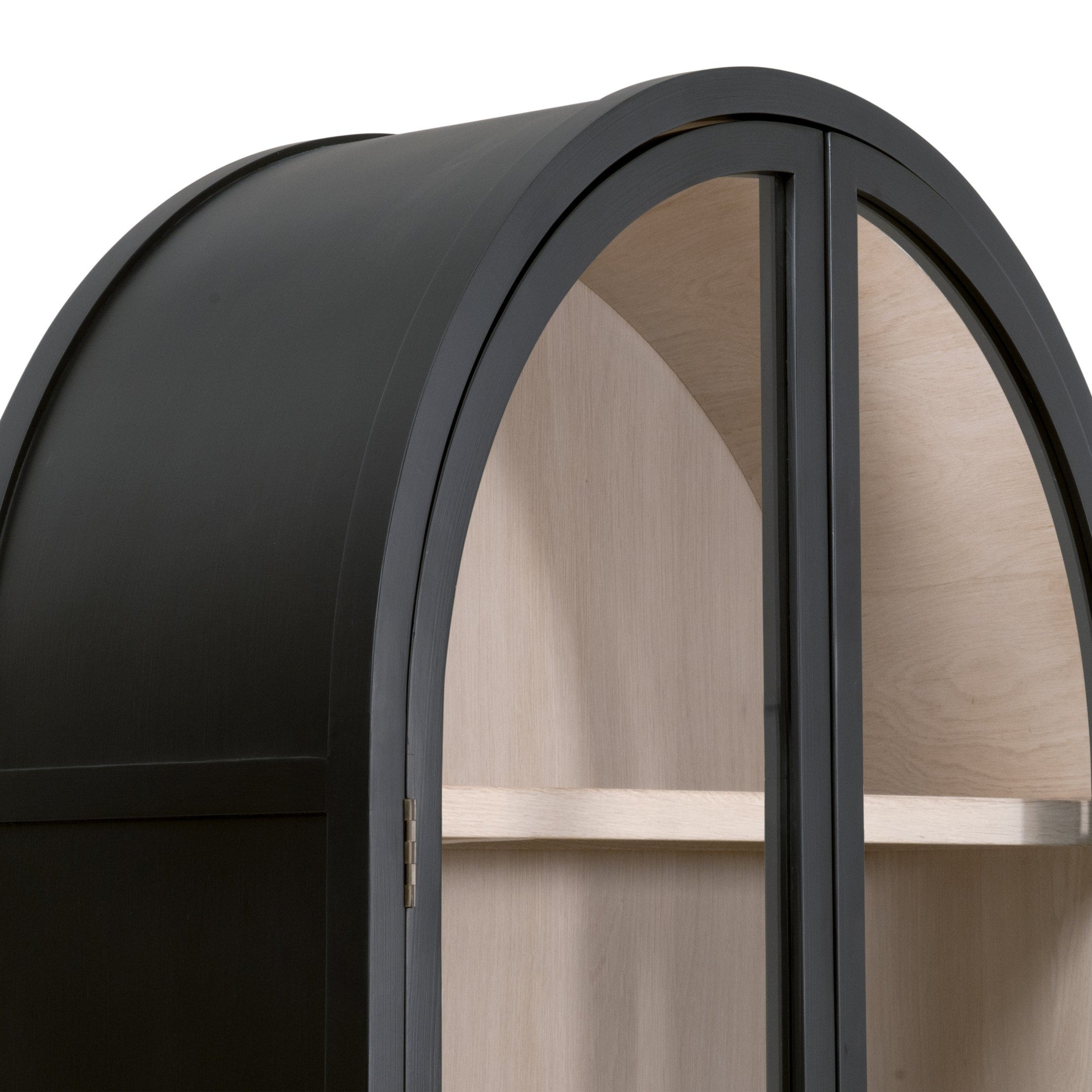 Close-up of Essentials For Living Toulouse Display Cabinet showing black birch frame with arched glass doors and natural oak interior shelves
