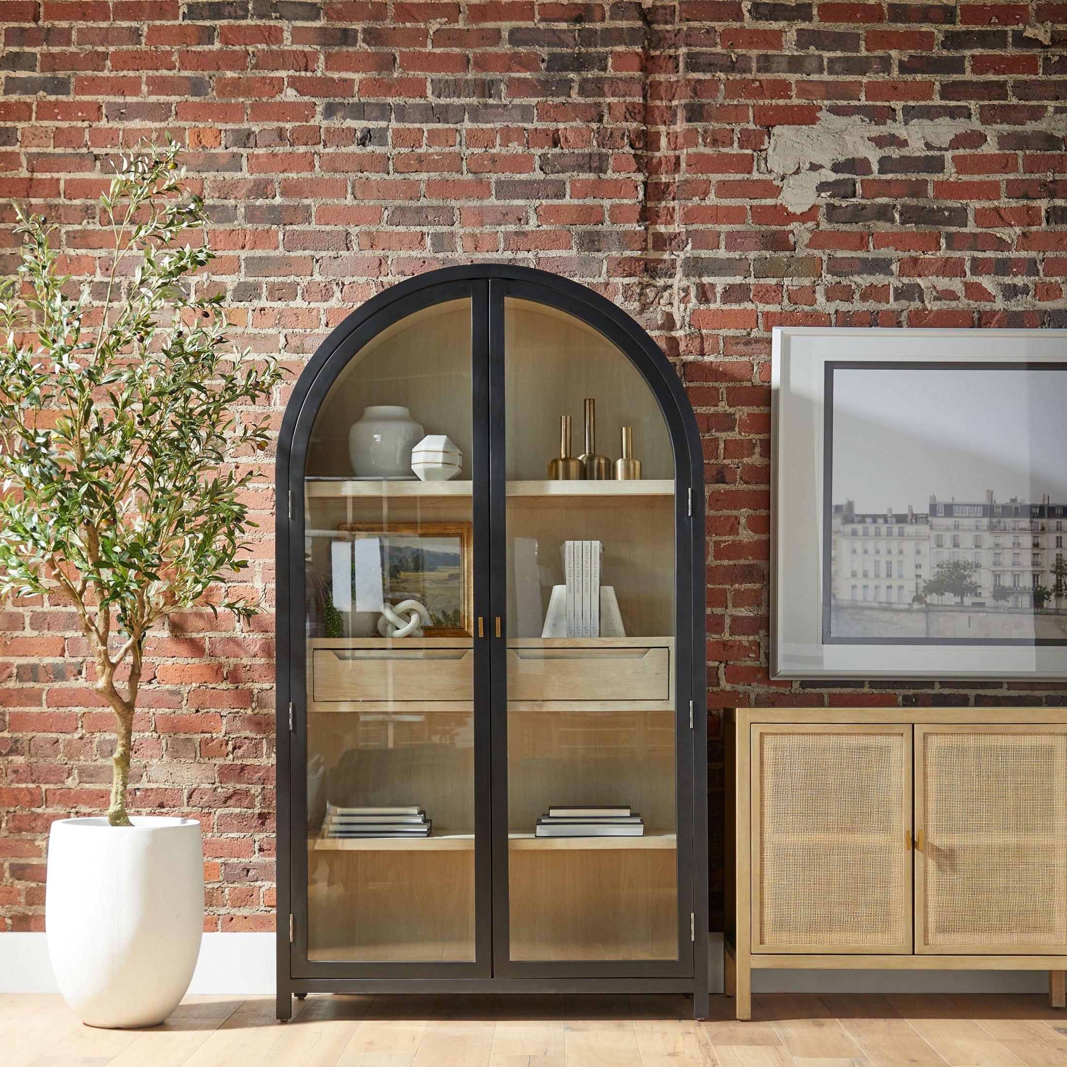 Tall black birch display cabinet with arched glass doors, natural oak interior, and gold accents in a modern living room setting