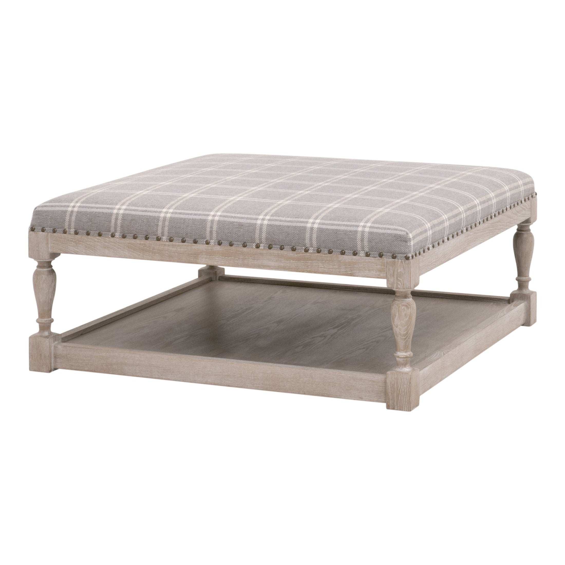 Square Townsend upholstered coffee table with gray plaid fabric, nailhead trim, and natural gray ash wood base