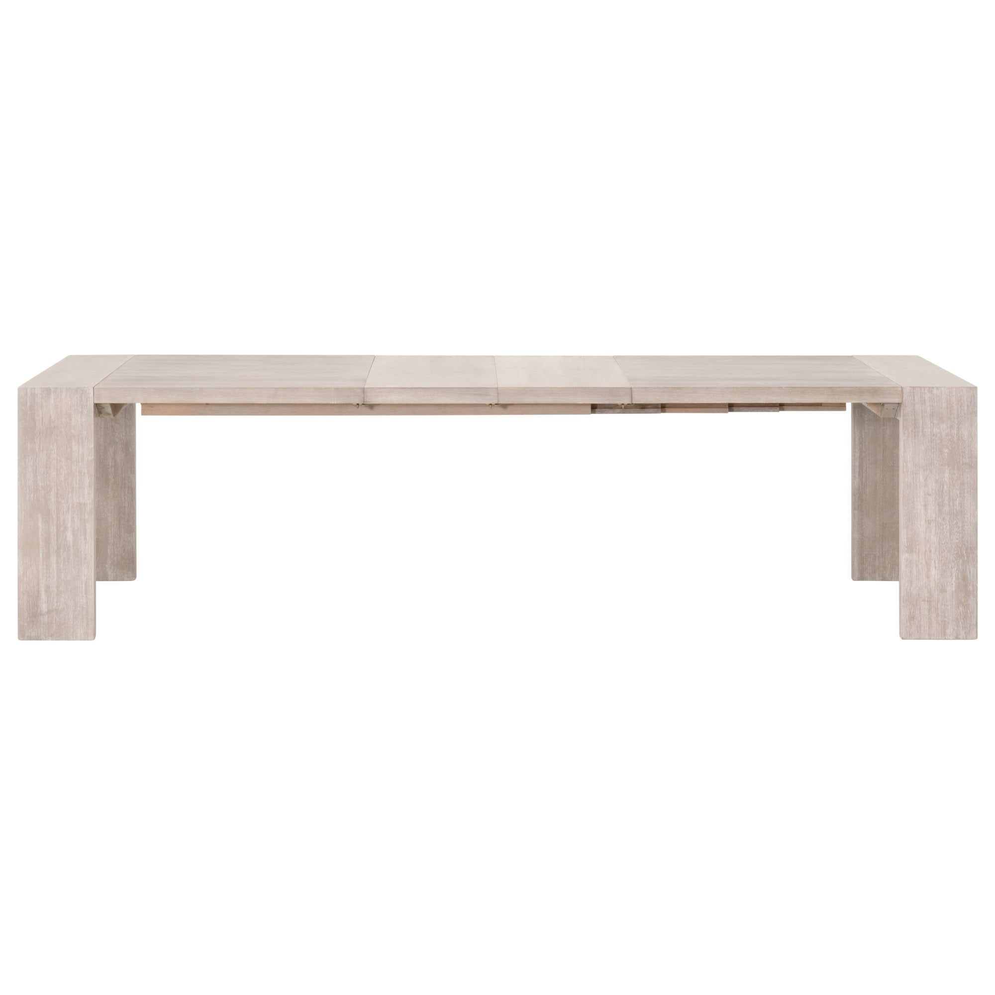 Modern Tropea Extension Dining Table in natural gray acacia wood with wide squared legs by Essentials for Living