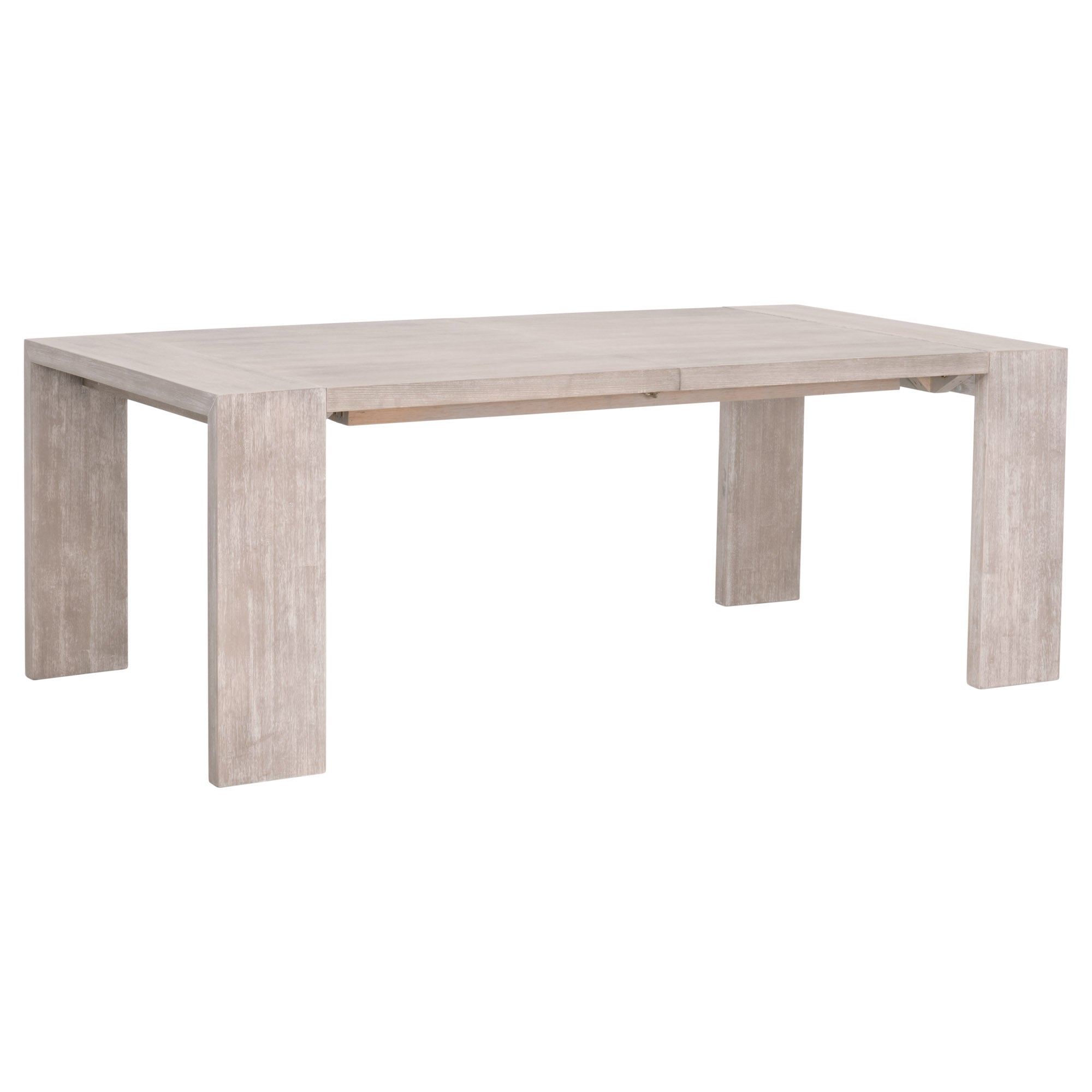 Essentials for Living Tropea Extension Dining Table in natural gray acacia wood with wide squared legs and minimalist design