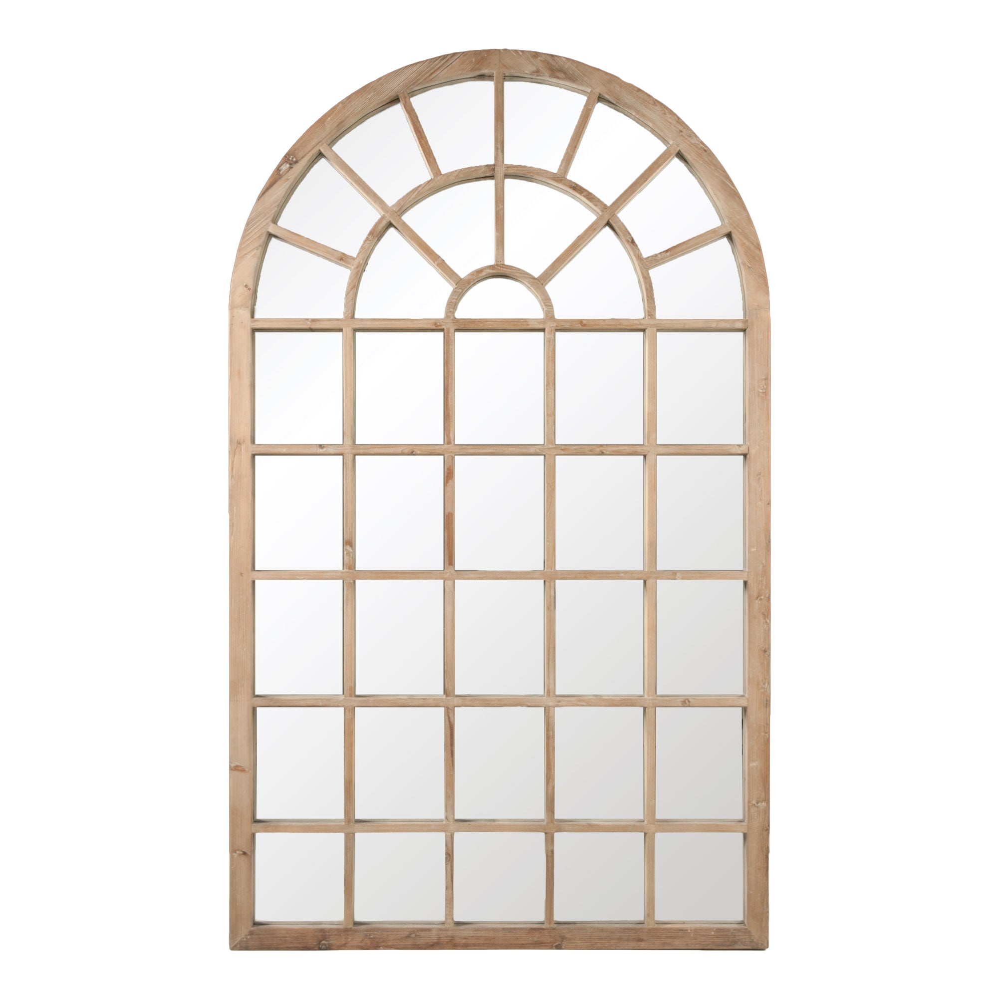 Full-length arched Venetian floor mirror in reclaimed pine wood with grid overlay by Essentials for Living