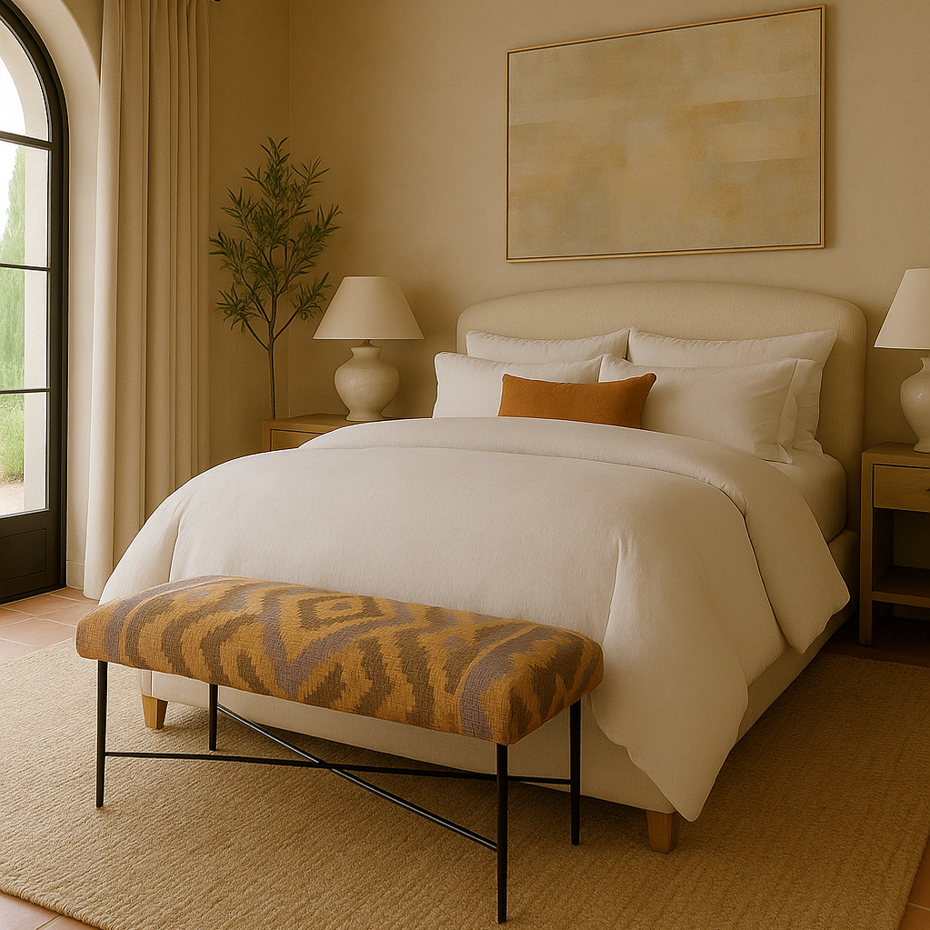 Woodie Bench with Southwestern-style upholstery and black iron X-base at bedroom foot of bed by GO HOME