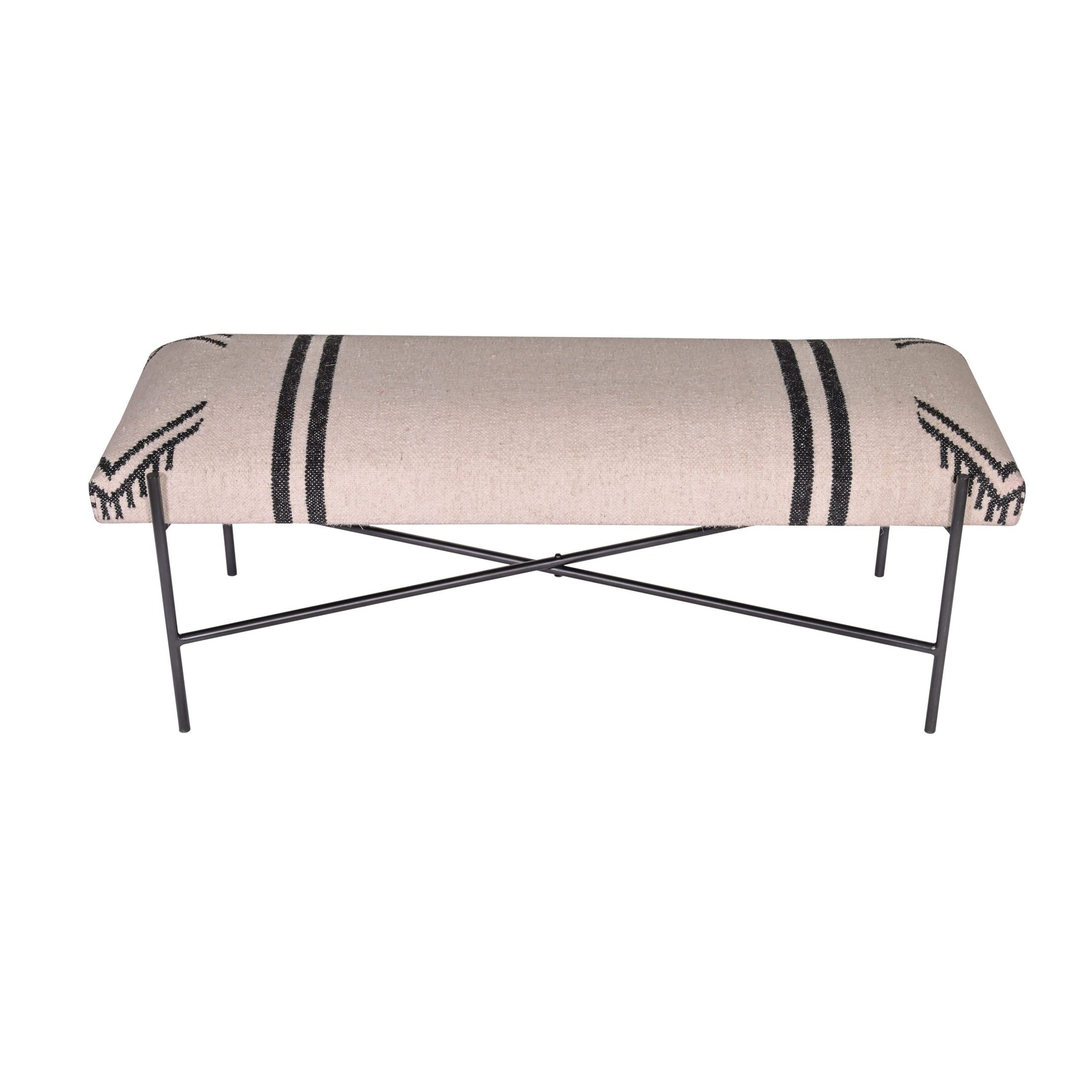 WULLEN BENCH with black and white Southwestern woven fabric and black iron legs by GO HOME