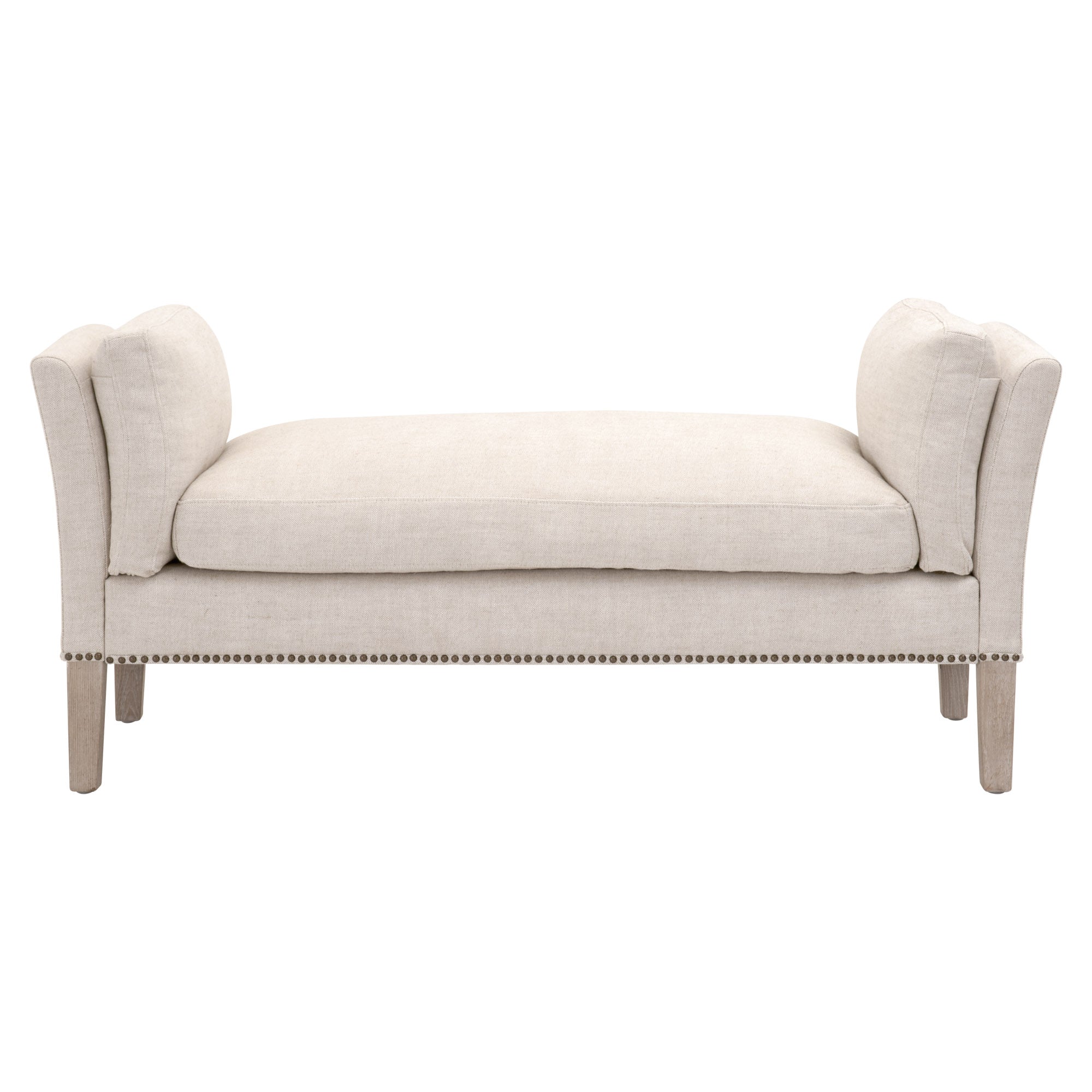 Essentials for Living Warner Bench in Bisque French Linen with natural gray ash wood legs and gold nail head trim