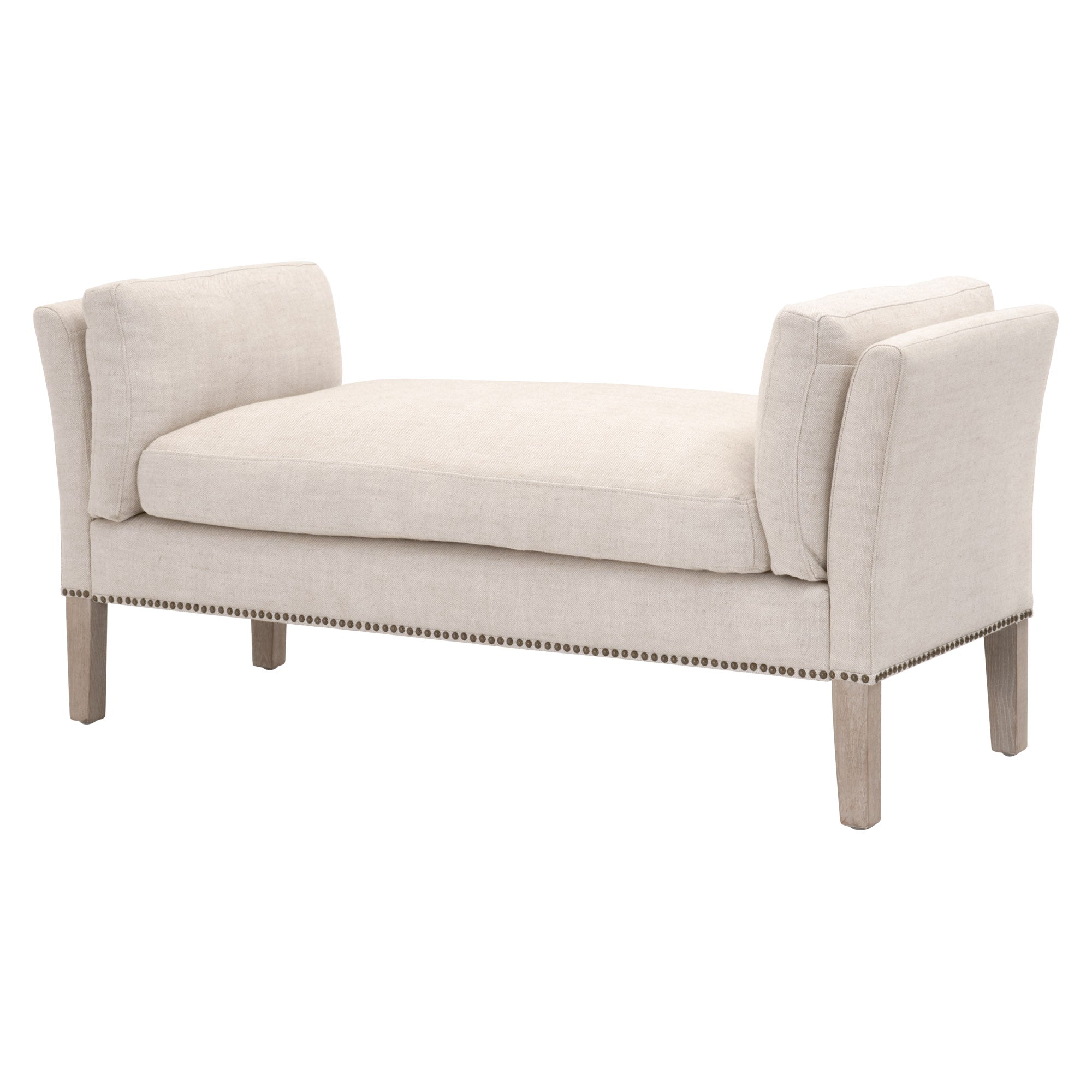 Essentials for Living Warner Bench in Bisque French Linen with natural gray ash legs and gold nail head trim