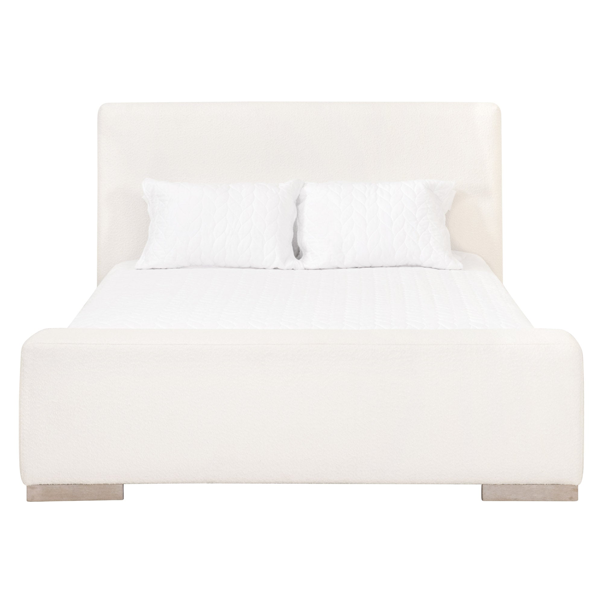 Essentials For Living Warren Queen Bed in snow white boucle fabric with solid oak legs and extra-wide footboard bench