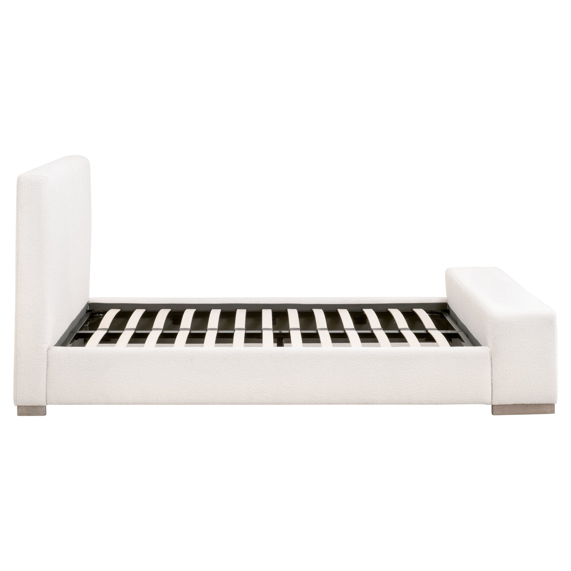 Essentials For Living Warren Standard King Bed in white boucle fabric with solid oak legs and wide footboard bench design