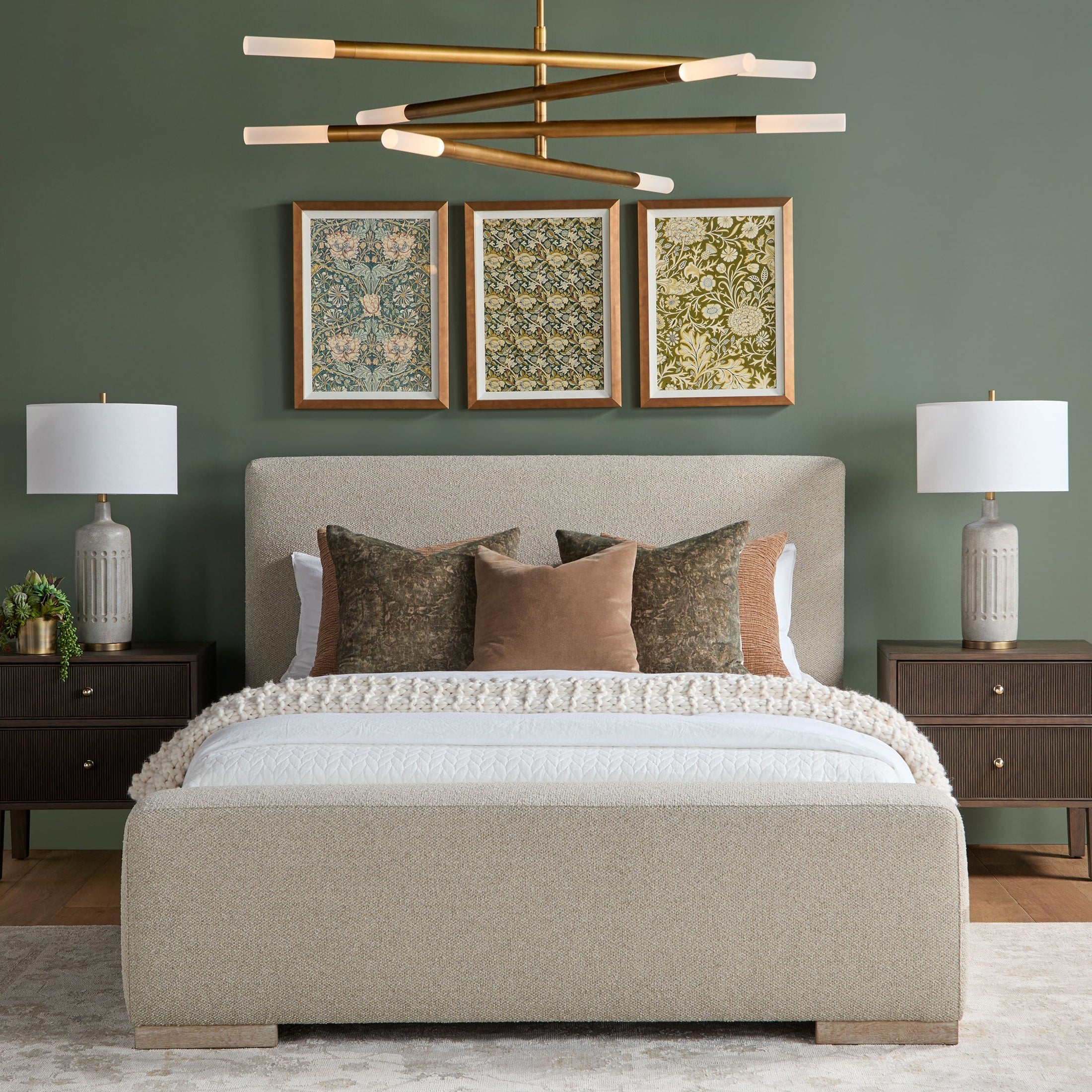 Essentials For Living Warren Standard King Bed with boucle fabric, oak legs, and plush pillows in a modern bedroom setting