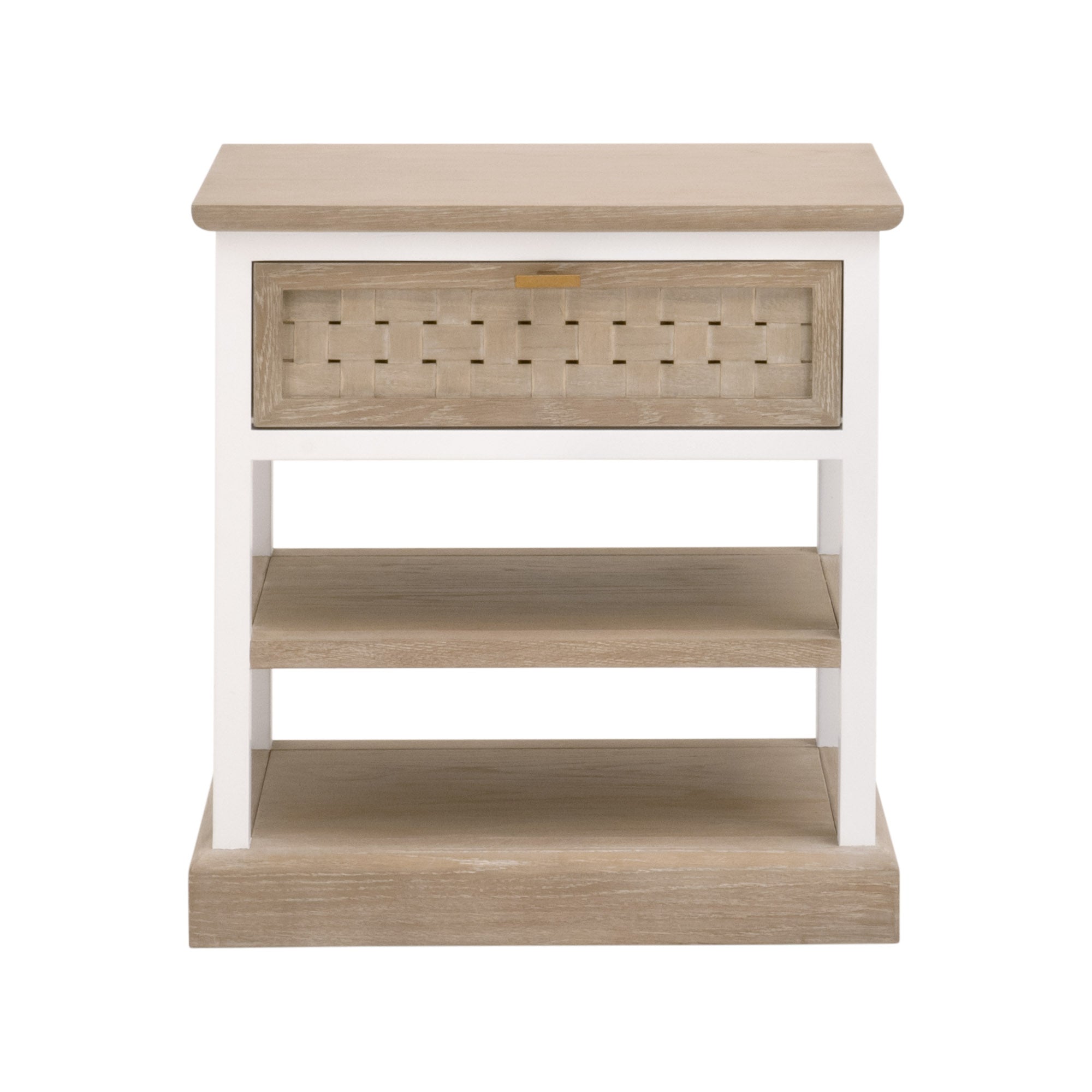 Essentials for Living Weave side table with one basket-weave drawer and two open shelves in smoke gray and white oak