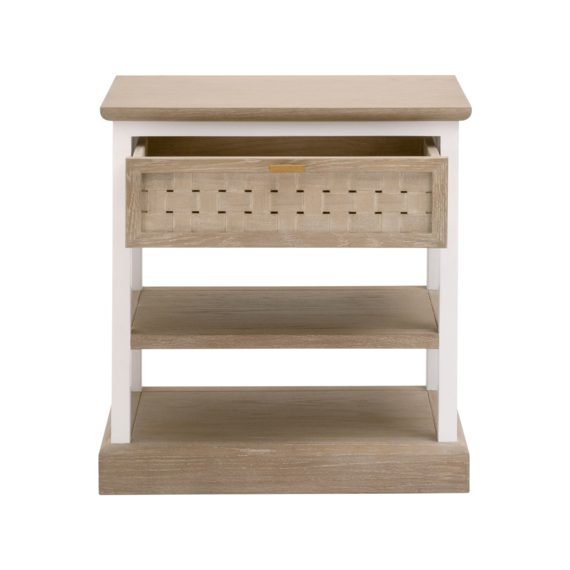 Essentials for Living Weave 1-drawer side table with basket-weave drawer front and open shelves in natural wood finish