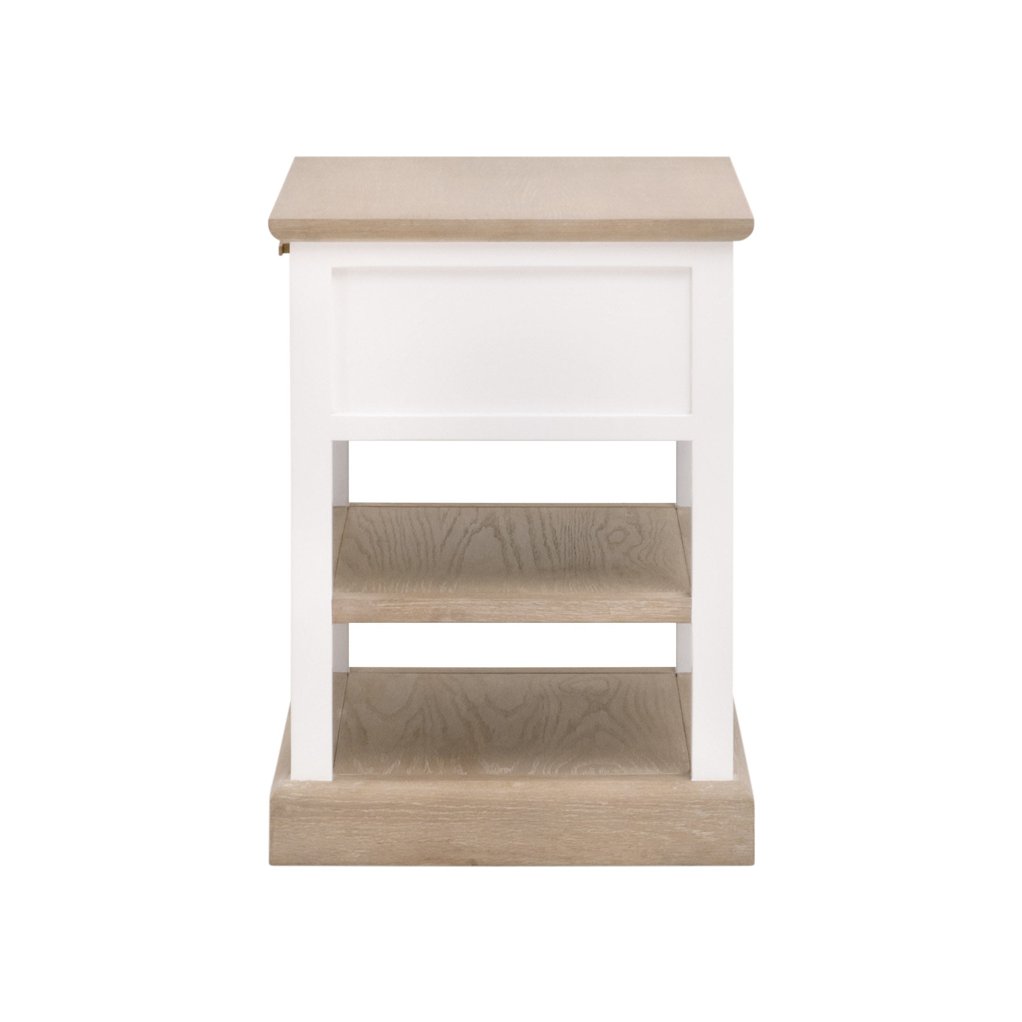 Essentials For Living Weave side table with white frame, natural wood shelves, and smoke gray top in modern style