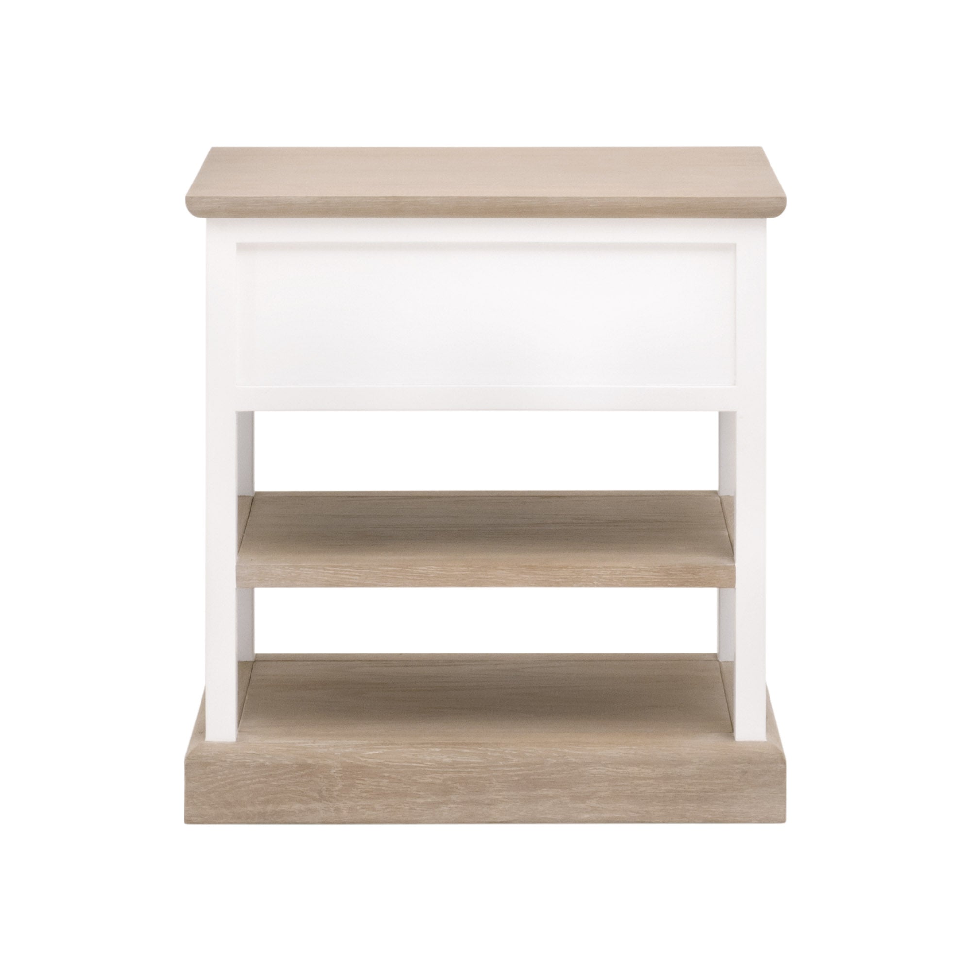 Essentials For Living Weave side table in white and smoke gray oak with open shelves and drawer storage