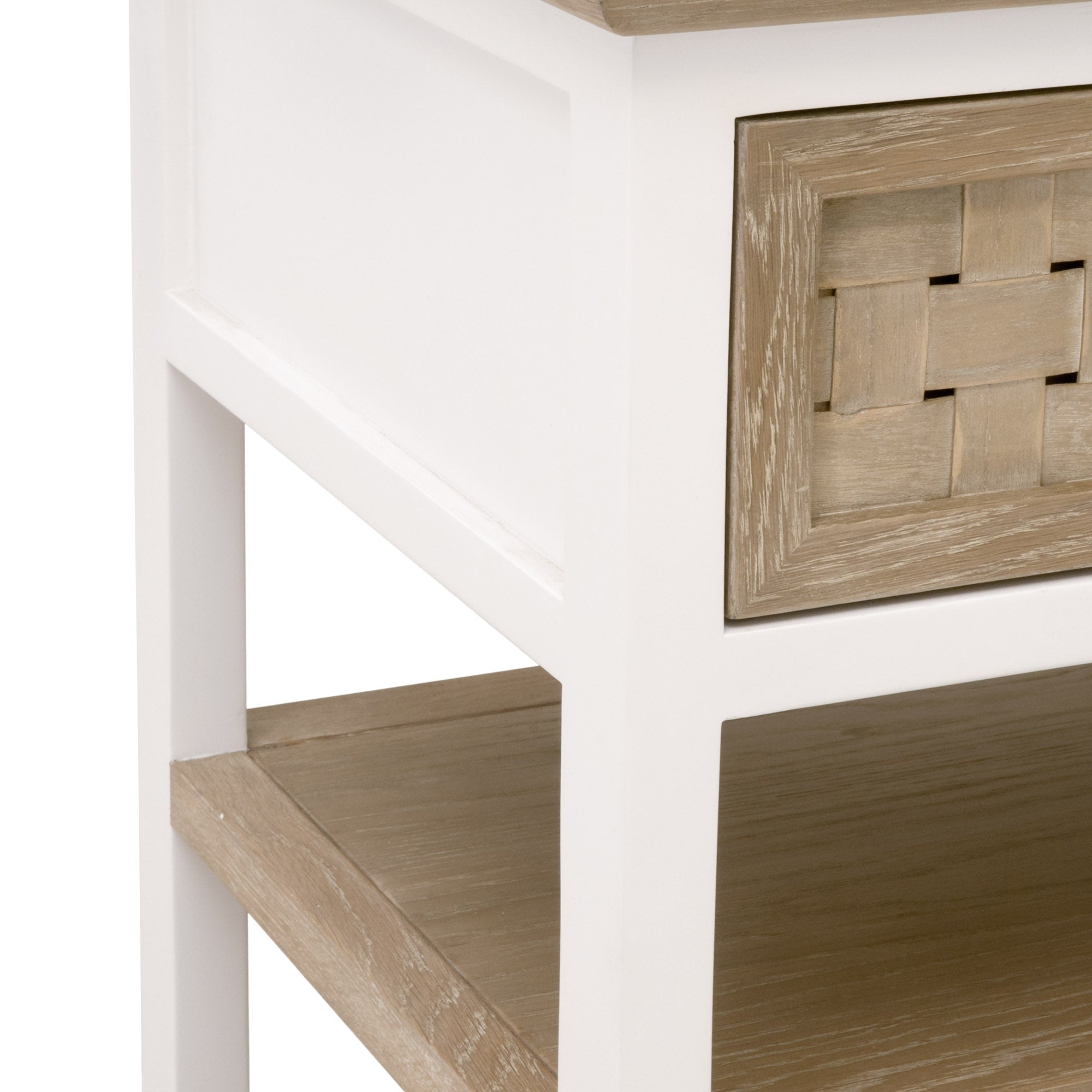 Close-up of Essentials For Living Weave Side Table showing basket-weave drawer front and white painted oak frame