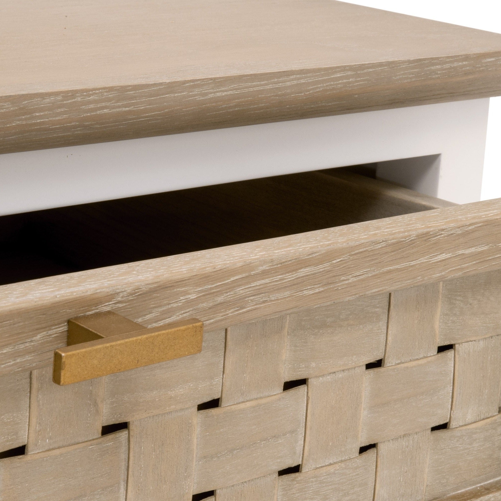 Close-up of the Weave 1-Drawer Side Table basket-weave drawer front with brushed gold handle by Essentials For Living