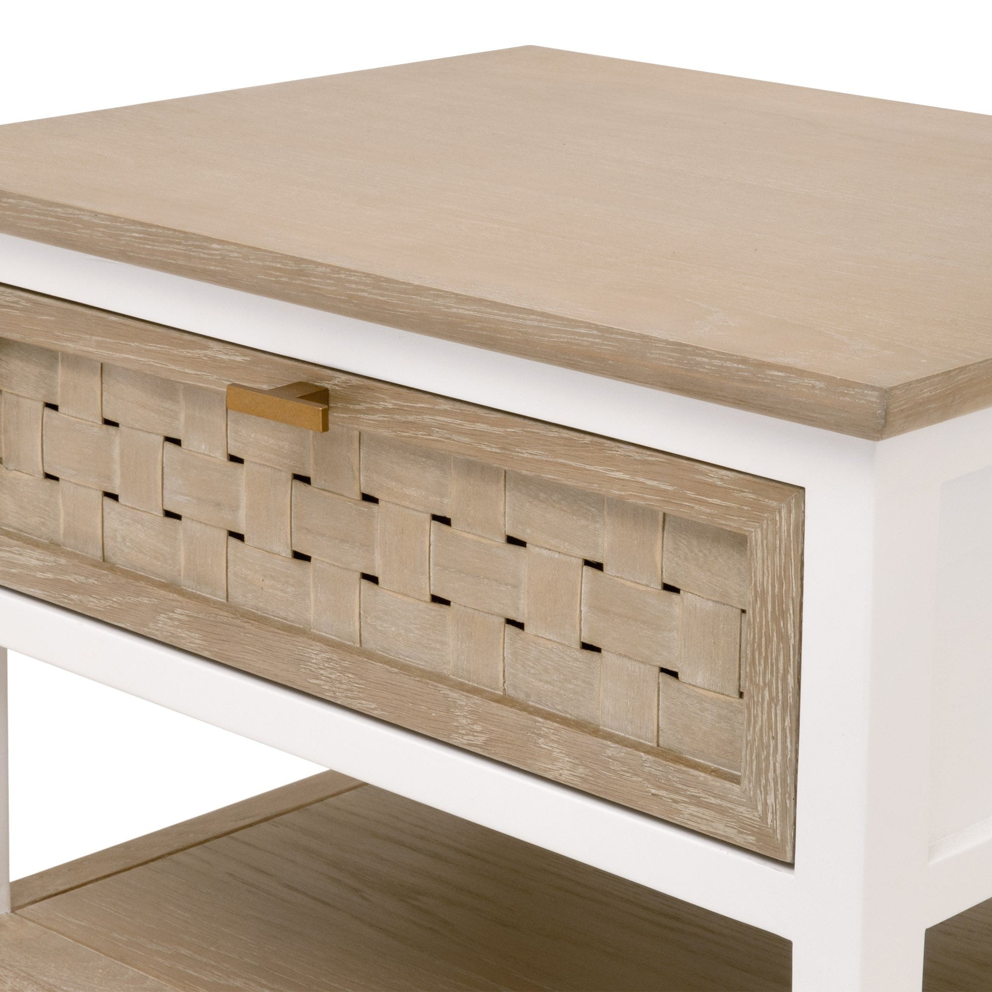Essentials For Living Weave side table with basket-weave drawer front and brushed gold handle in smoke gray and white finish