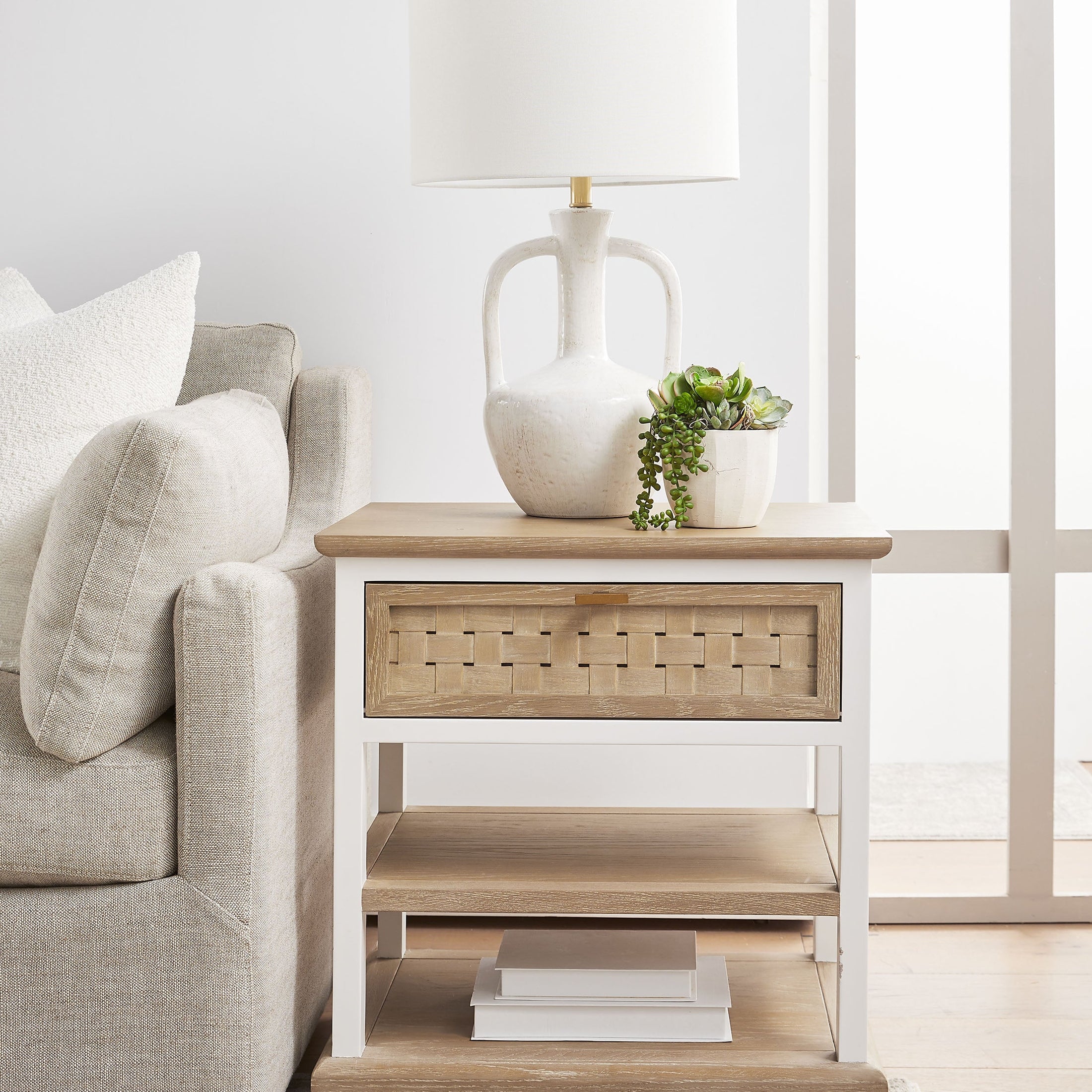 Weave 1-drawer side table by Essentials For Living with basket-weave drawer and white and natural wood finish