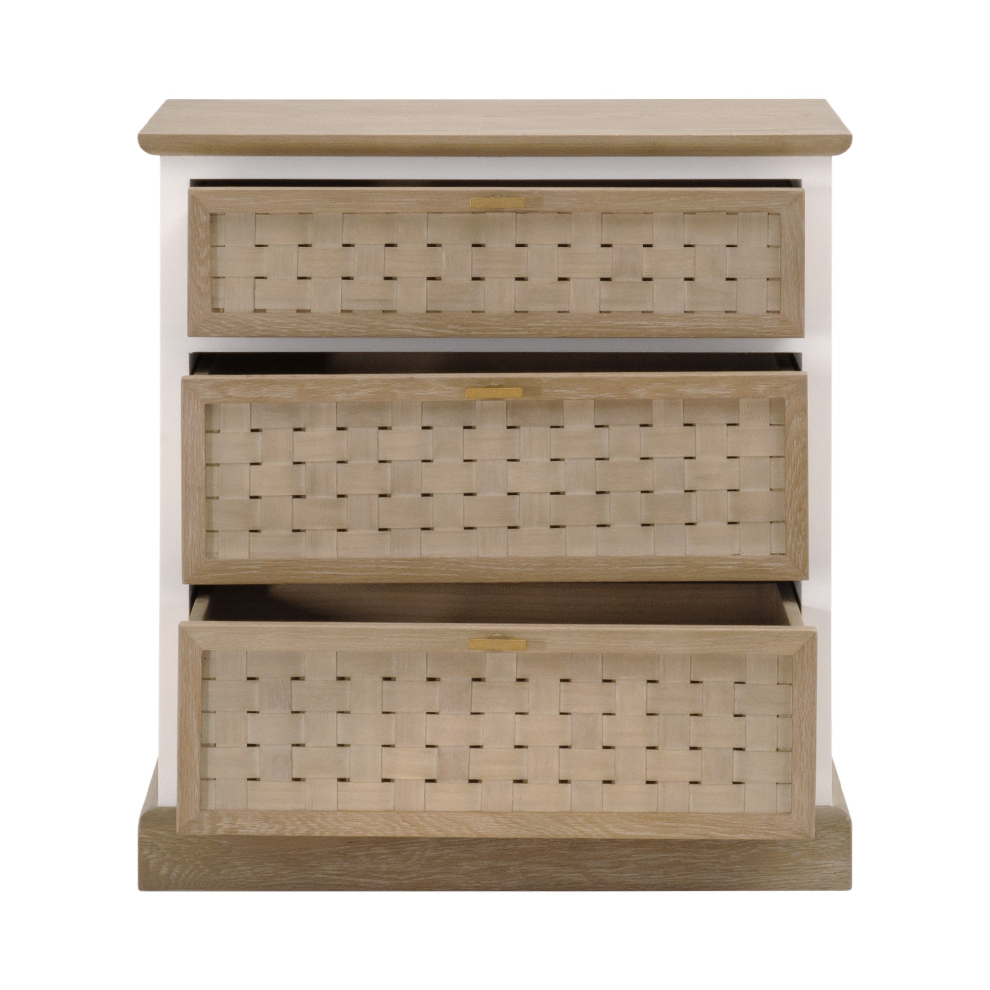 Essentials For Living Weave Entry Cabinet with basket weave drawer fronts in smoke gray and white painted oak