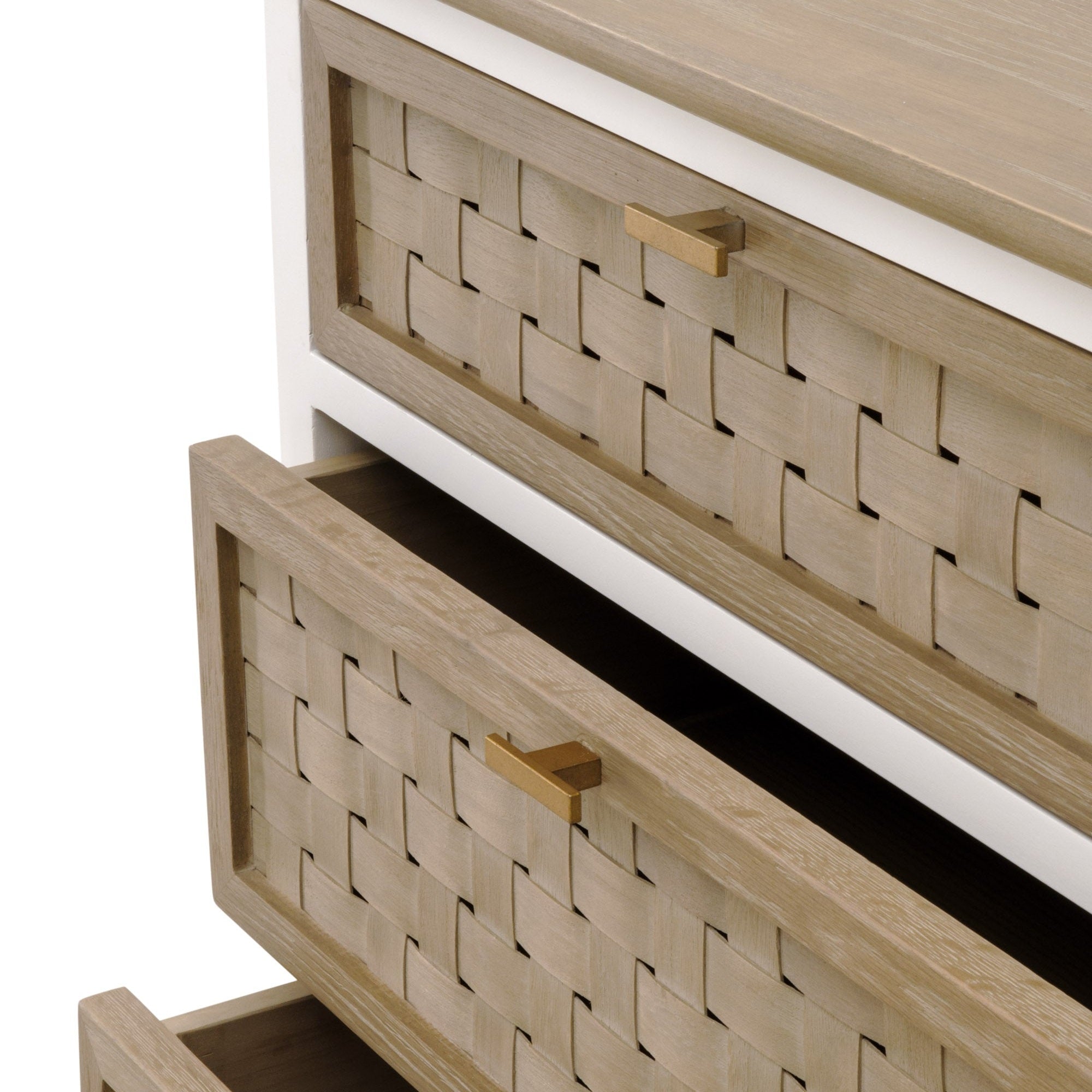 Close-up of Weave Entry Cabinet drawers with basket weave oak fronts and brass handles by Essentials for Living