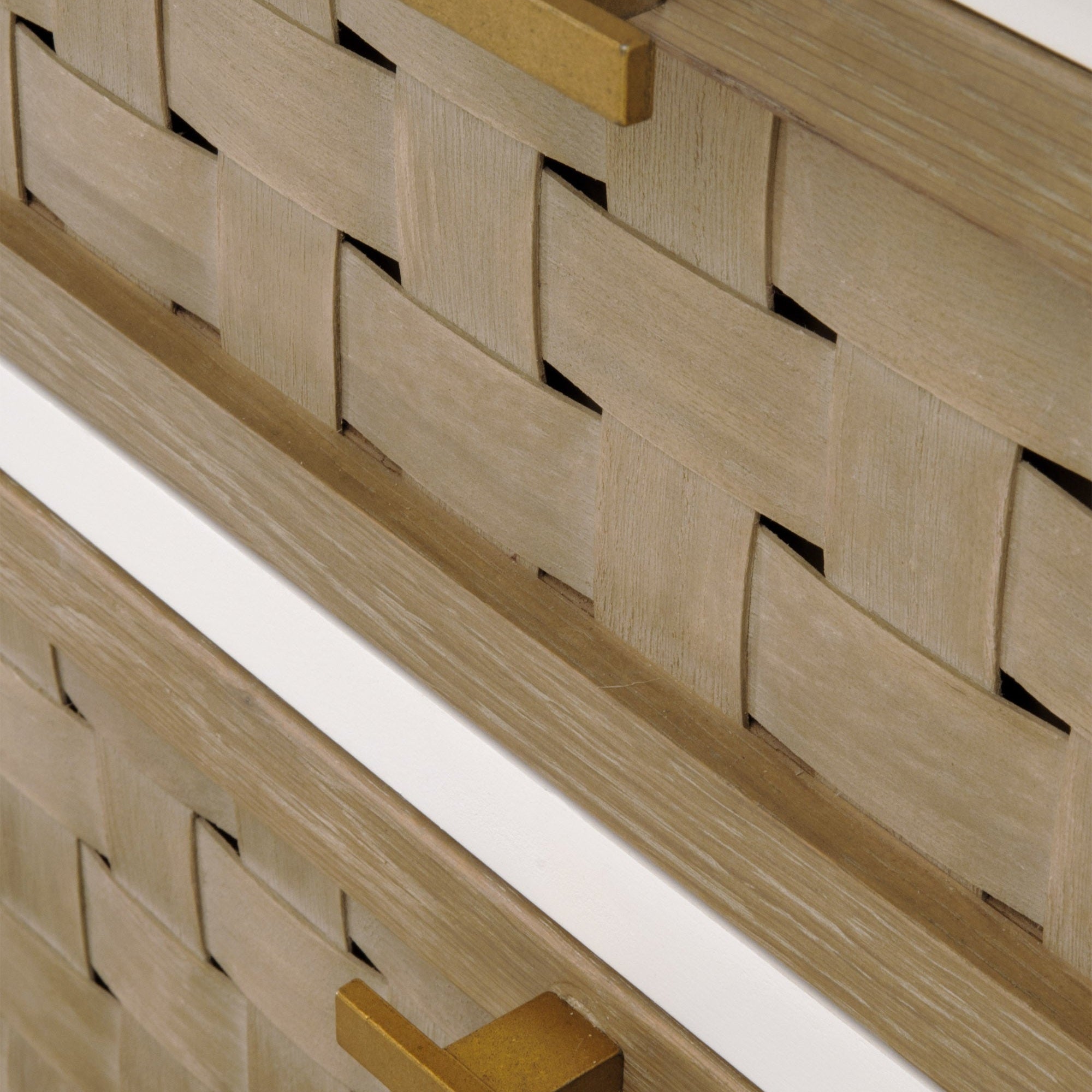 Close-up of woven basket texture on smoke gray and white painted oak drawers in Essentials for Living cabinet