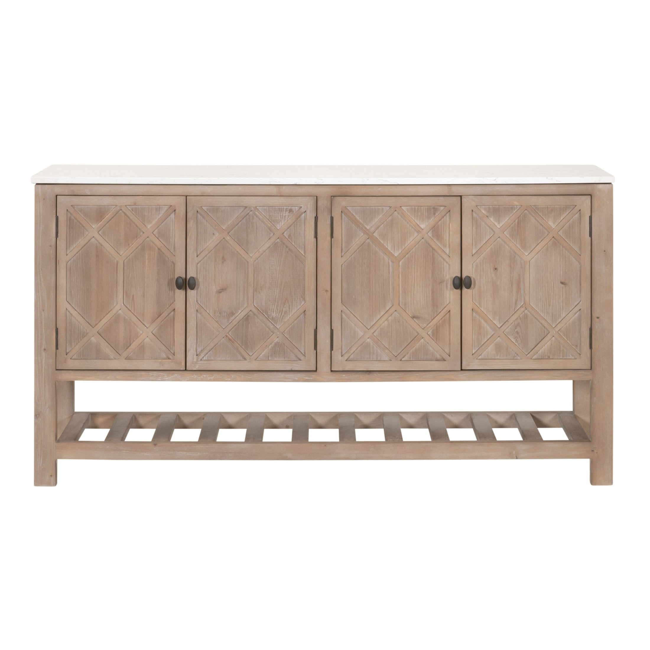 Willow Media Sideboard with diamond-patterned doors, reclaimed pine base, and solid quartz top by Essentials For Living