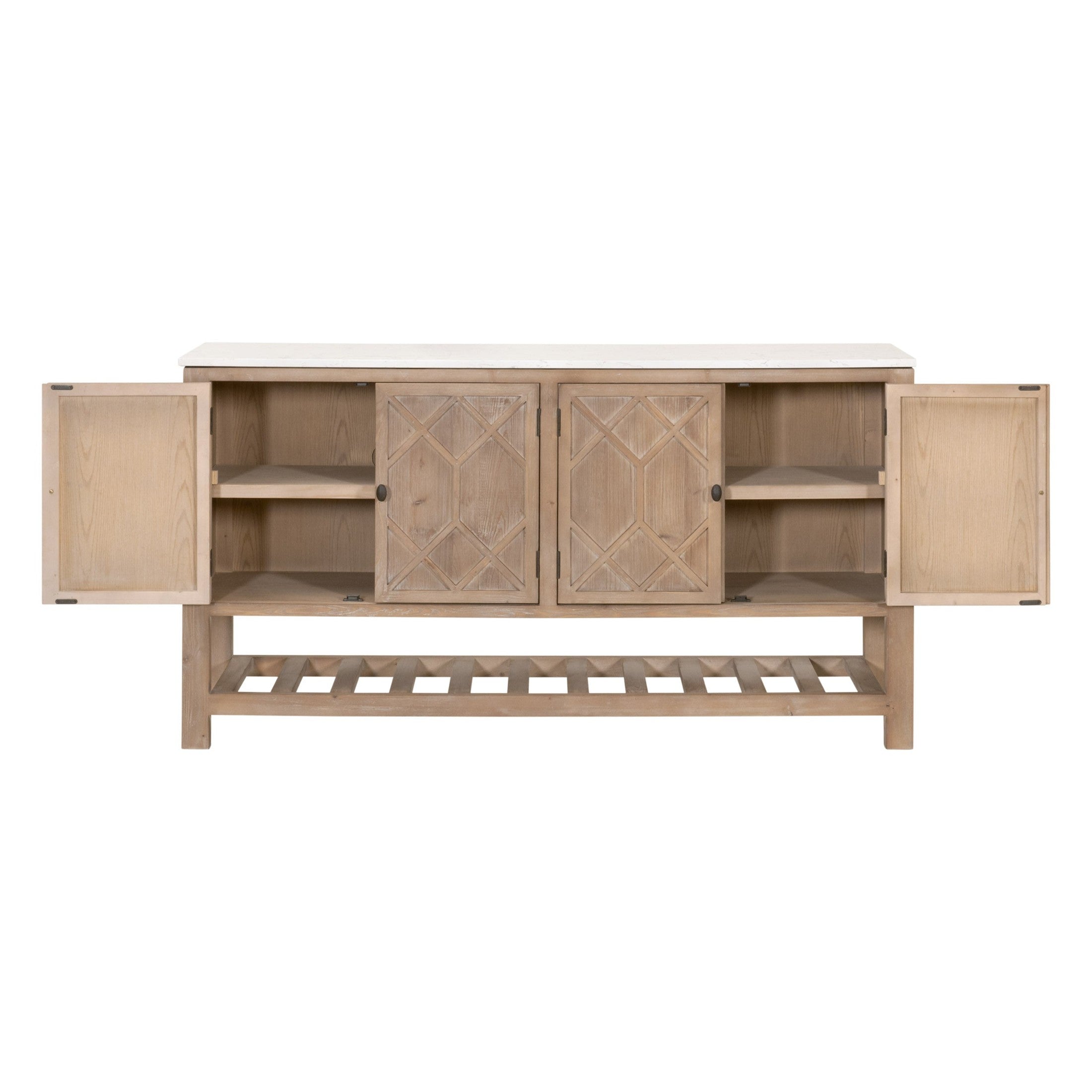 Willow Media Sideboard by Essentials For Living with diamond-patterned doors and open storage shelves in wood finish