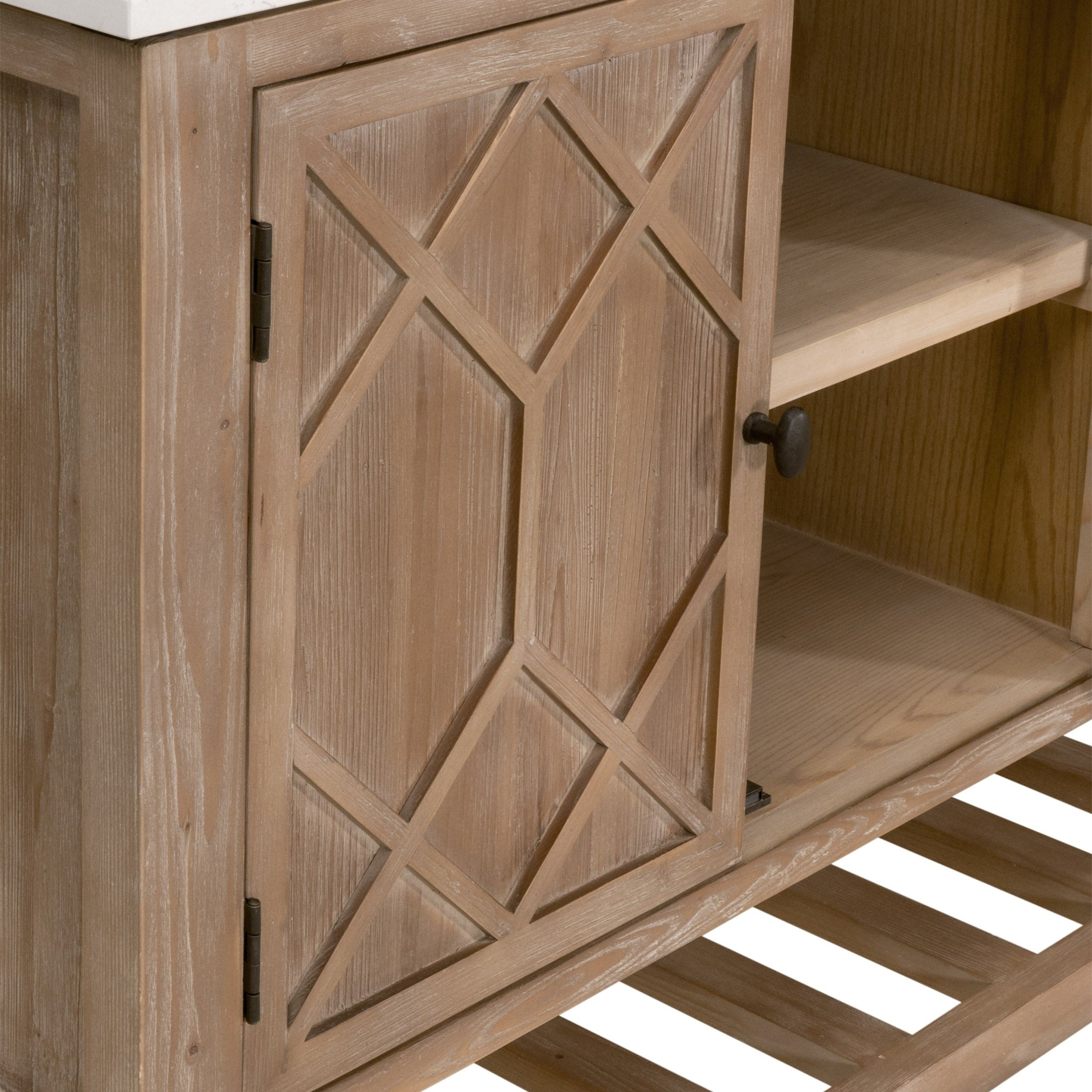 Close-up of reclaimed pine wood cabinet door with diamond pattern and shelf inside Willow Media Sideboard