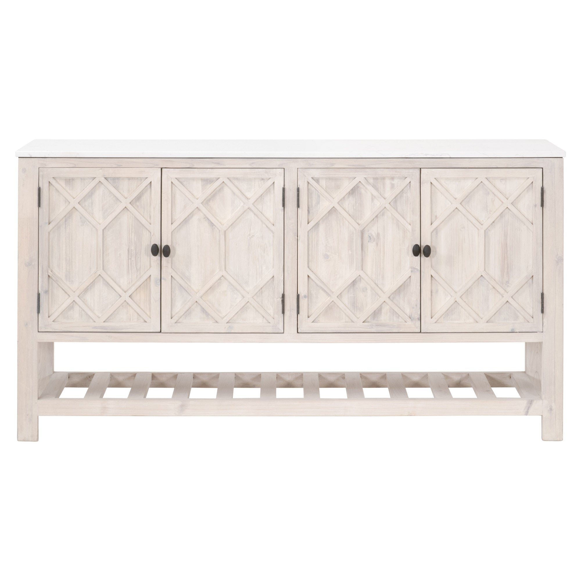 Essentials For Living Willow Media Sideboard with quartz top, reclaimed pine base, diamond-patterned doors, and open lower shelf.