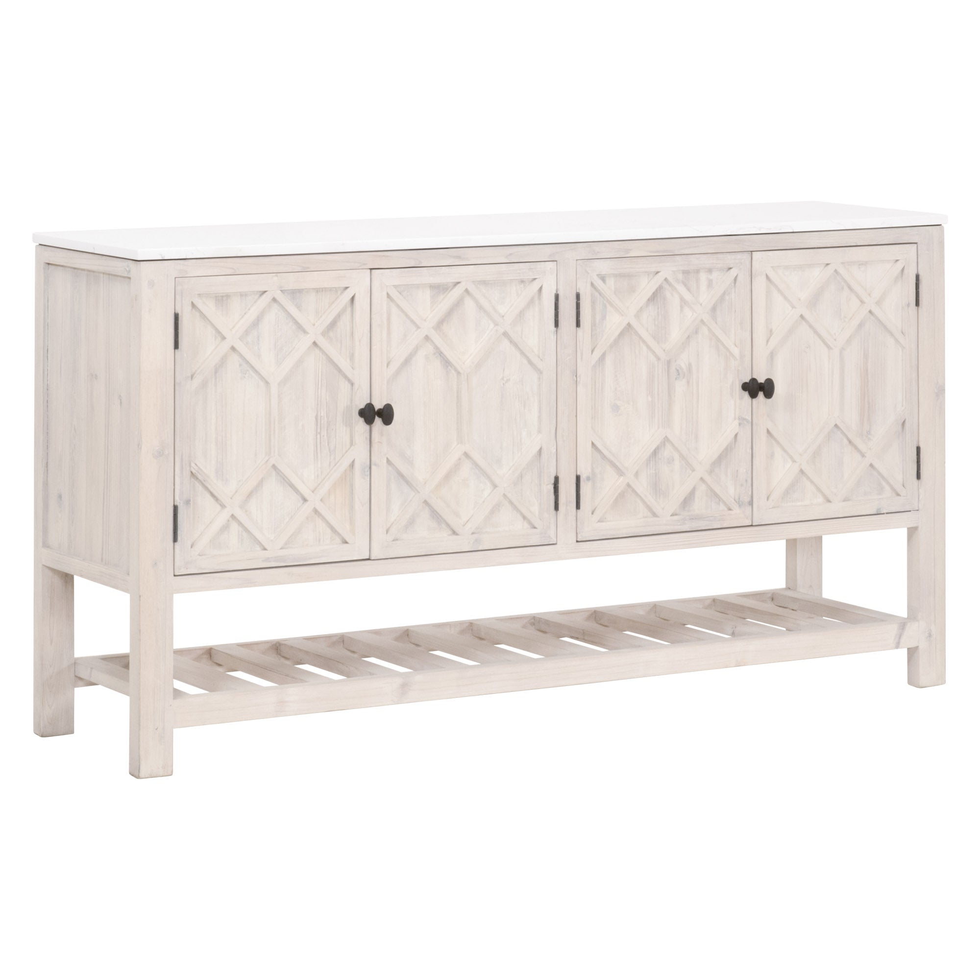 Willow Media Sideboard by Essentials for Living with diamond-patterned doors and open slat bottom shelf in smoke gray finish