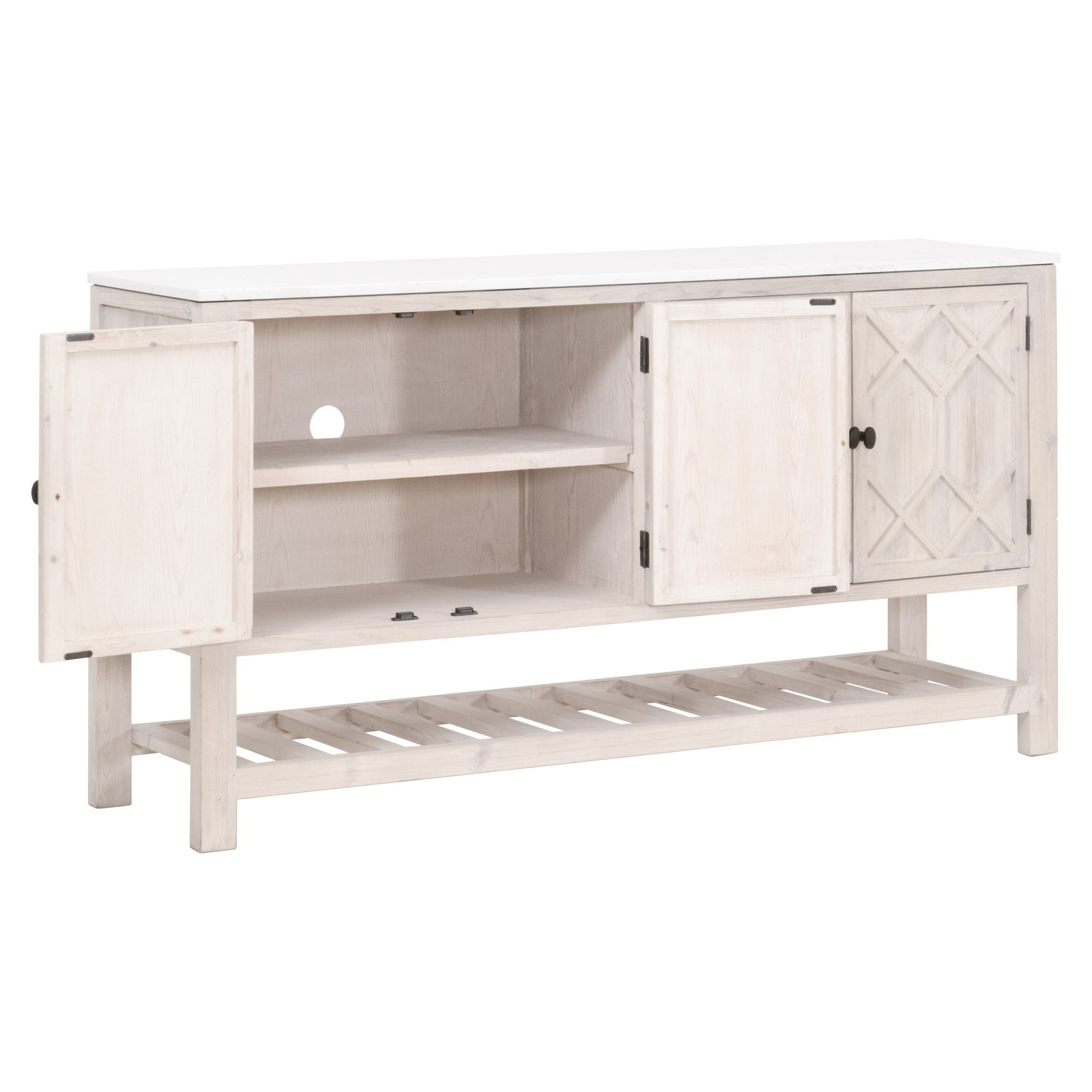 Willow Media Sideboard by Essentials for Living with white quartz top and whitewashed wooden base, open doors showing storage space