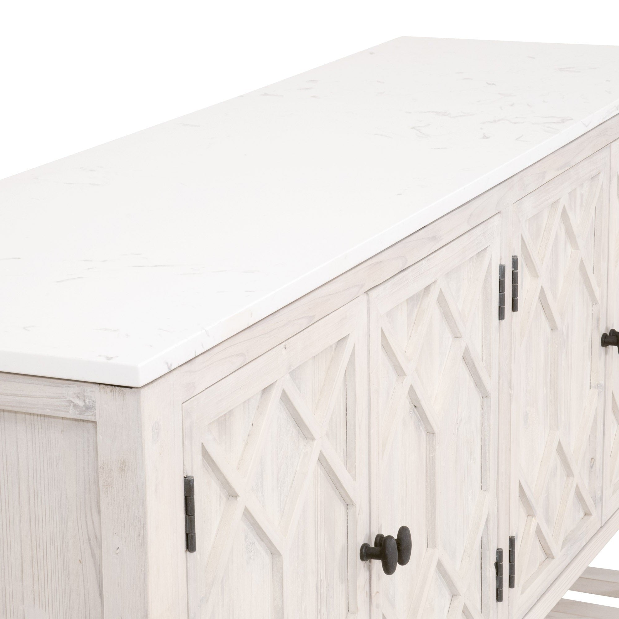 Essentials For Living Willow Media Sideboard with quartz top and diamond-patterned wood doors in smoke gray finish
