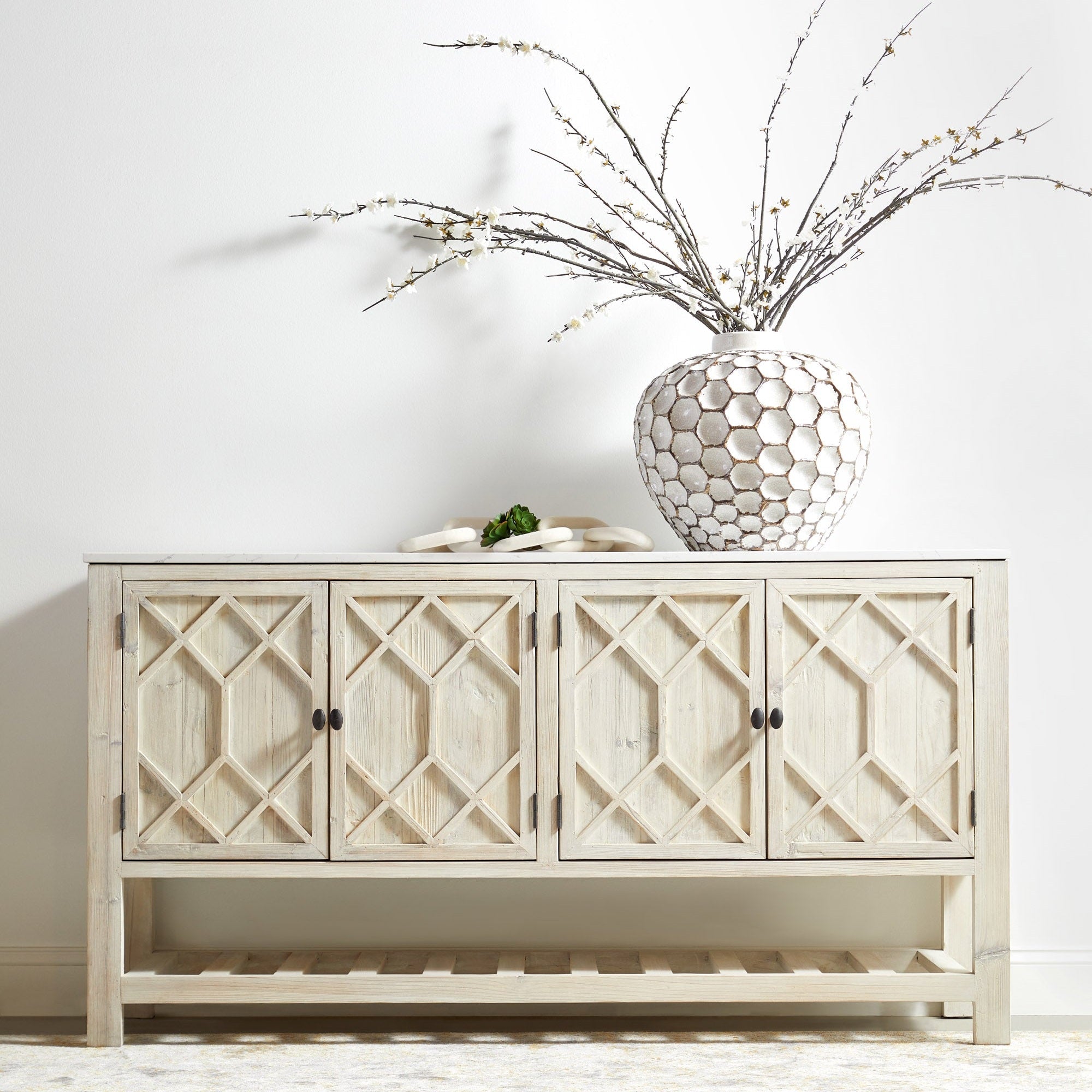 Willow Media Sideboard by Essentials For Living with diamond-patterned doors and trestle base in smoke gray finish
