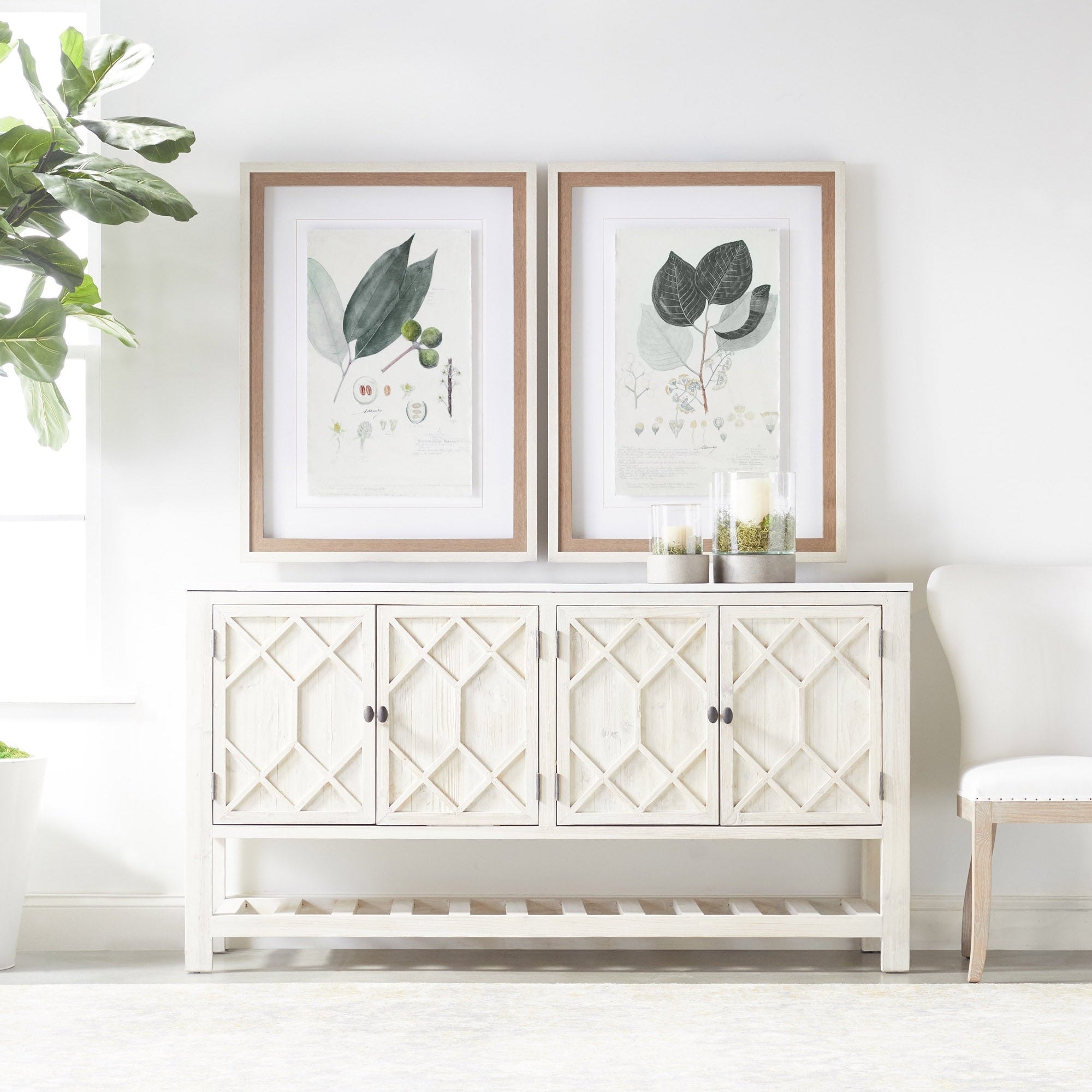 Essentials for Living Willow Media Sideboard with diamond-patterned doors in a bright, minimalist room setting