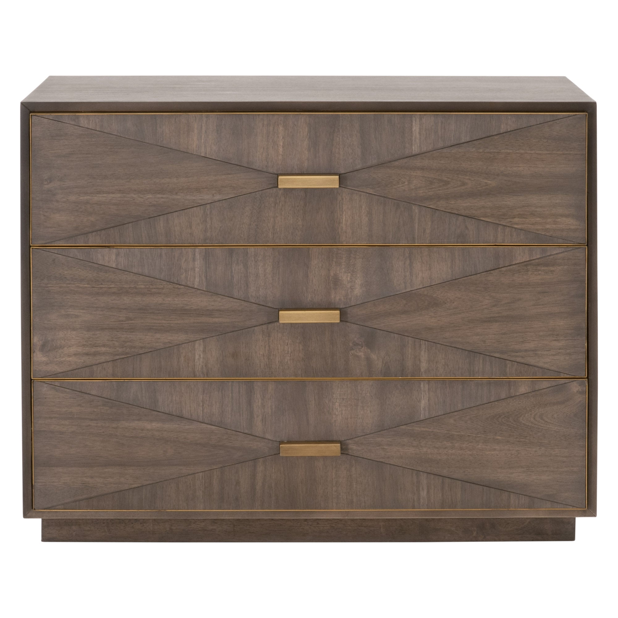 Wynn 3-drawer nightstand by Essentials for Living featuring burnished brown acacia veneer and brushed gold accents