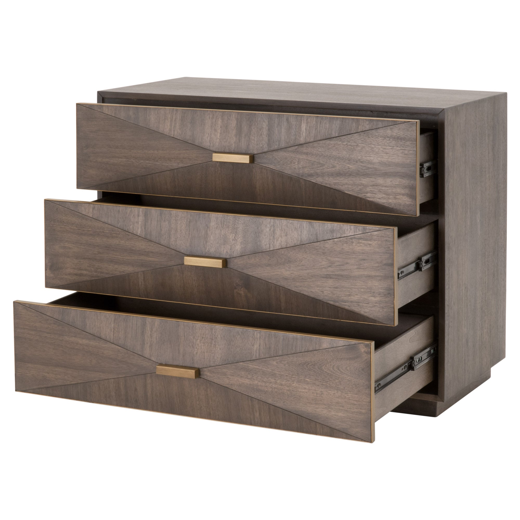 Wynn 3-drawer nightstand with burnished brown acacia veneer and brushed gold rectangular handles by Essentials for Living