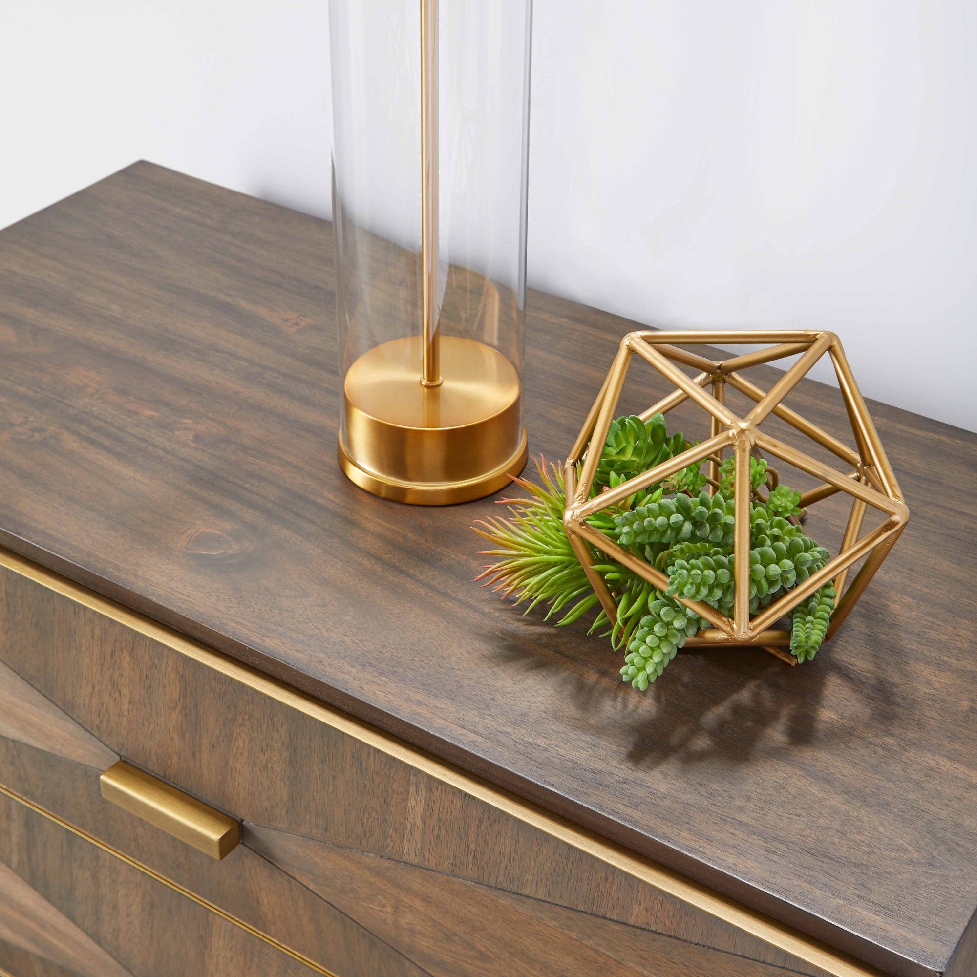 Close-up of Wynn 3-Drawer Nightstand by Essentials for Living with burnished brown acacia veneer and brushed gold accents