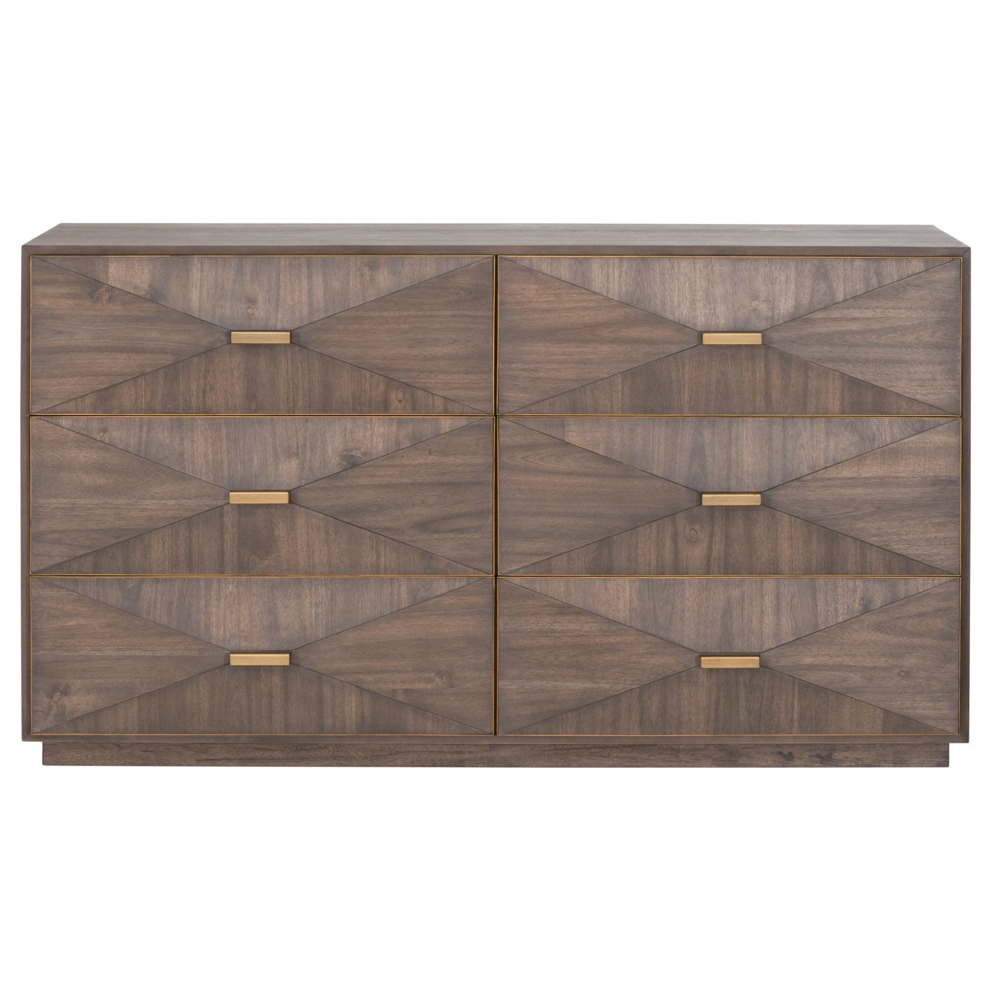 Wynn 6-drawer double dresser with textured brown acacia veneer fronts and brushed gold rectangular handles by Essentials for Living