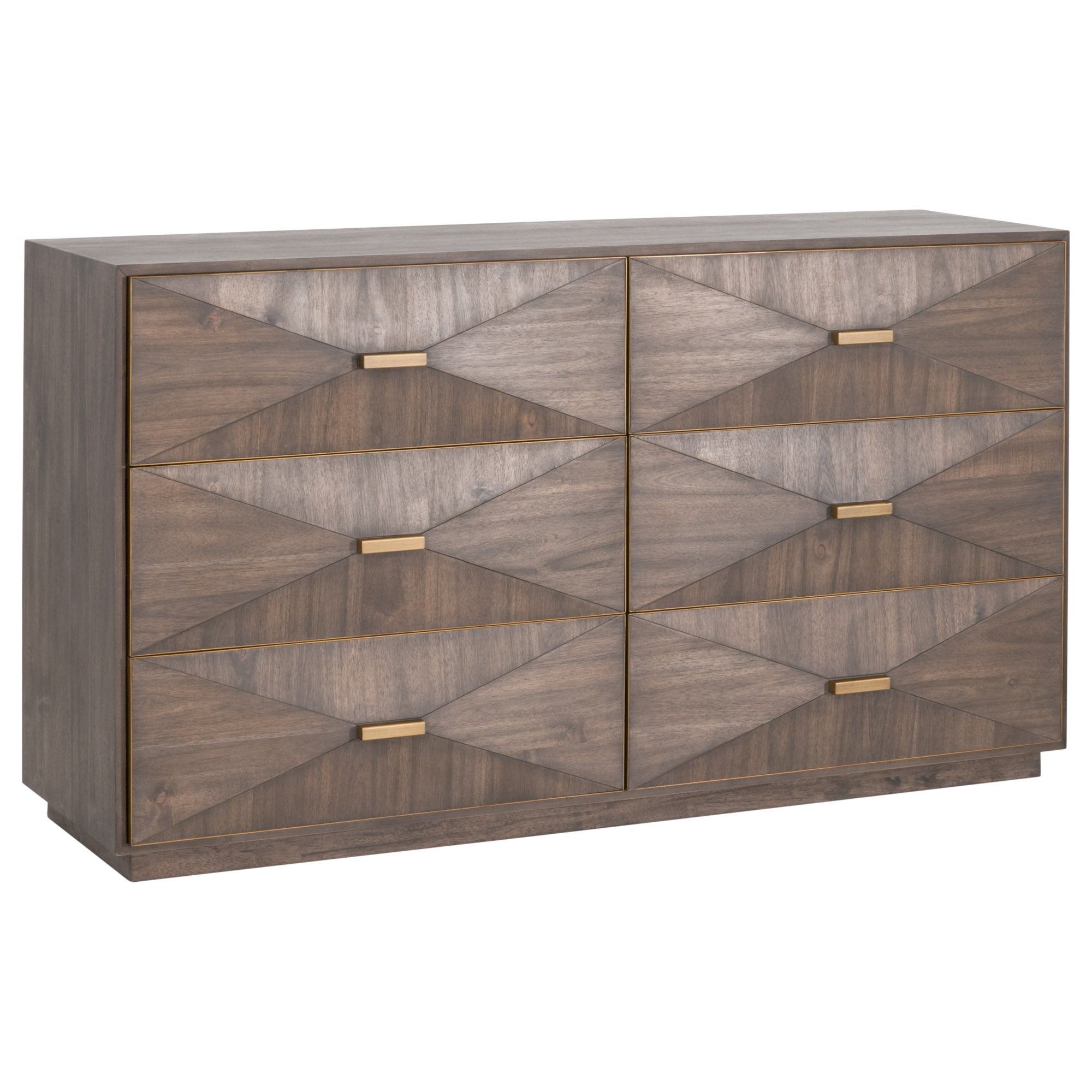 Wynn 6-drawer double dresser in burnished brown acacia veneer with geometric 3D fronts and brushed gold accents by Essentials for Living