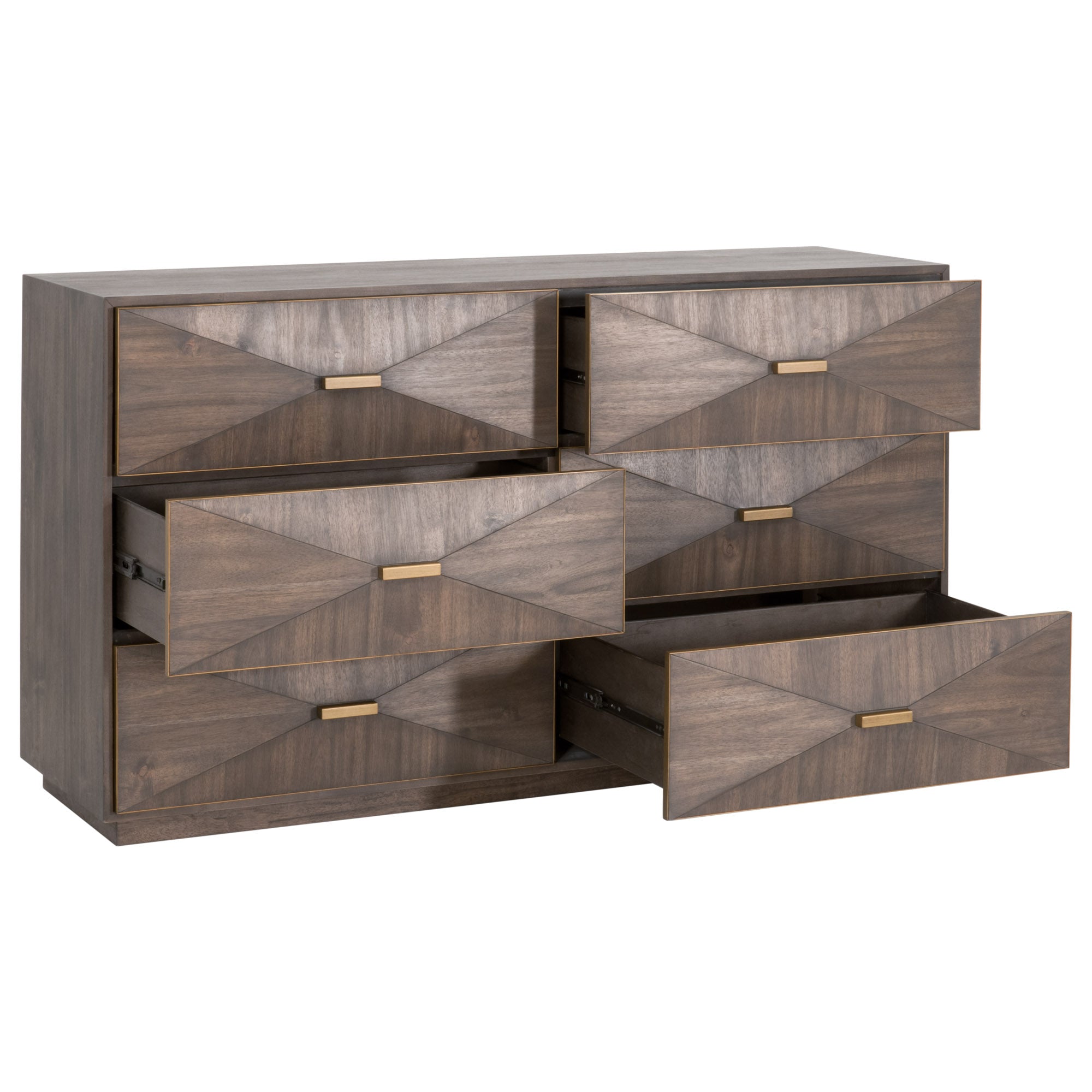 Wynn 6-drawer double dresser in burnished brown acacia veneer with gold rectangular pulls by Essentials For Living