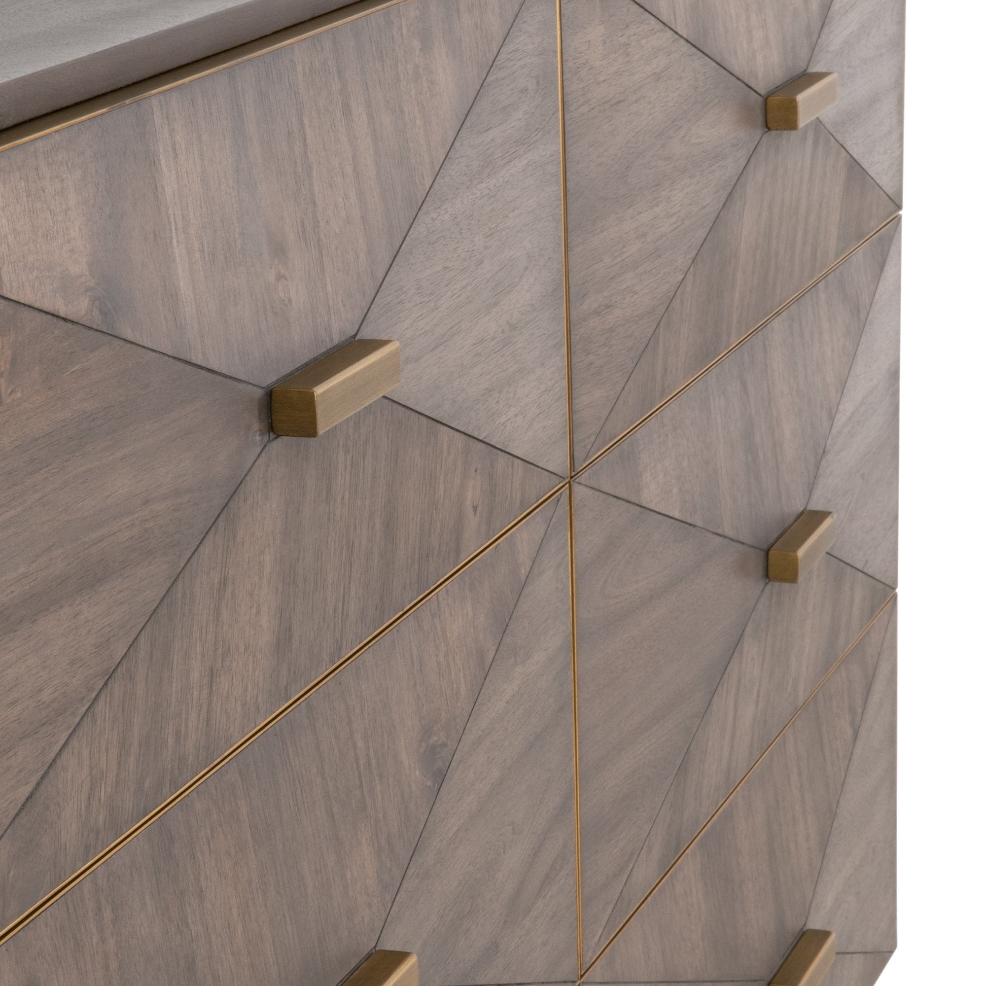 Close-up of Wynn dresser drawer fronts with textured wood pattern and brushed gold rectangular handles by Essentials for Living