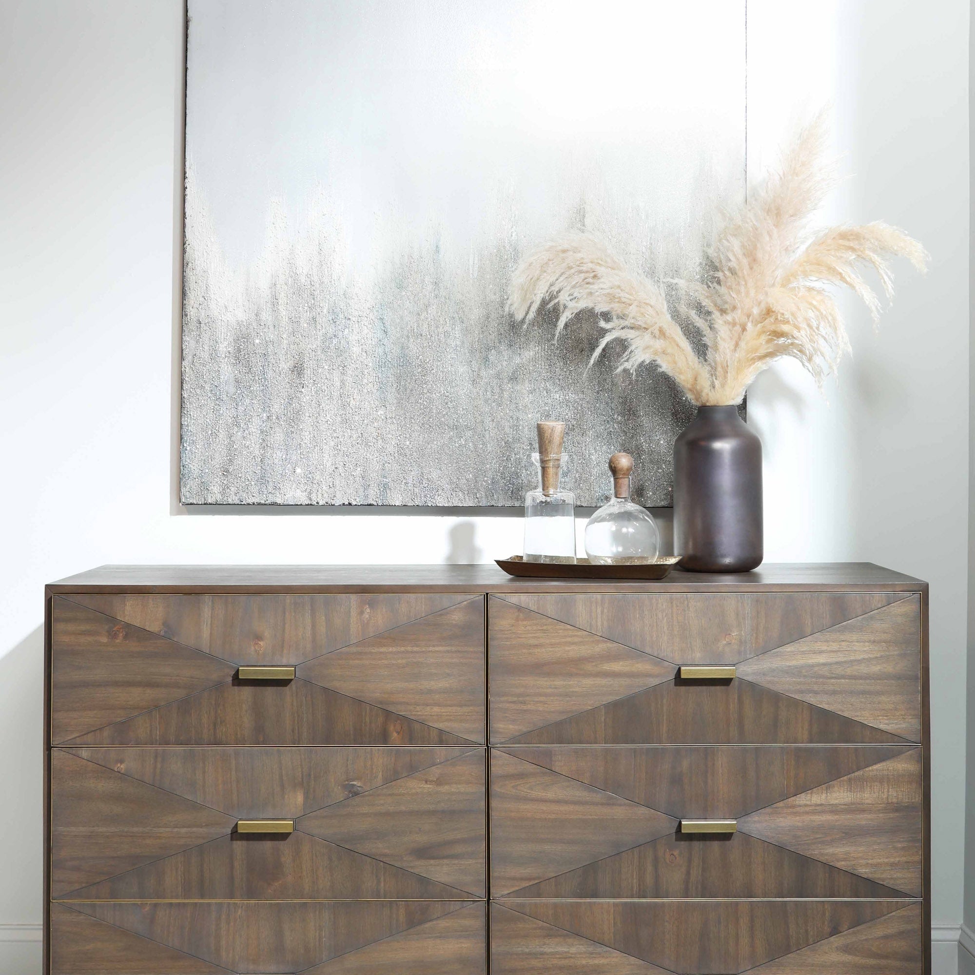 Burnished brown acacia veneer 6-drawer dresser with 3D textured fronts and brushed gold handles by Essentials for Living