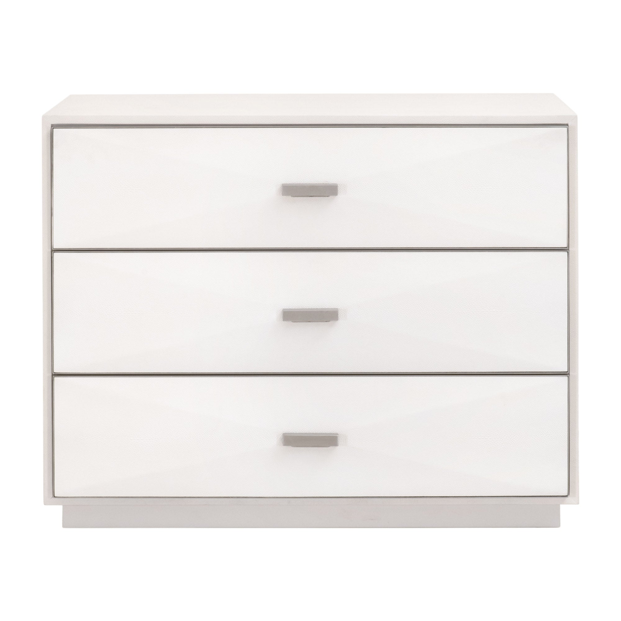 Pearl-white Wynn Shagreen 3-drawer nightstand by Essentials For Living with brushed stainless steel and felt-lined drawers