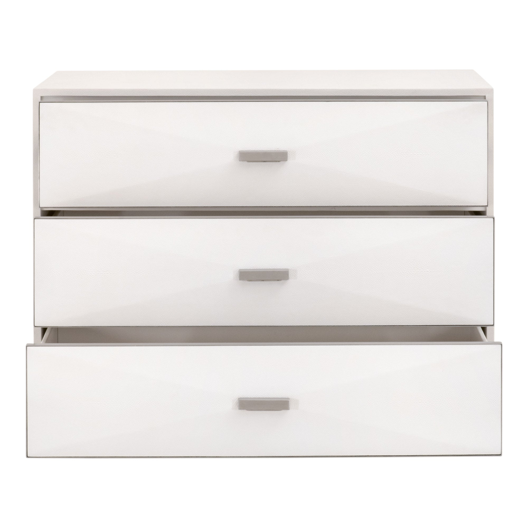 Pearl-white Wynn Shagreen 3-drawer nightstand by Essentials for Living with brushed stainless steel handles