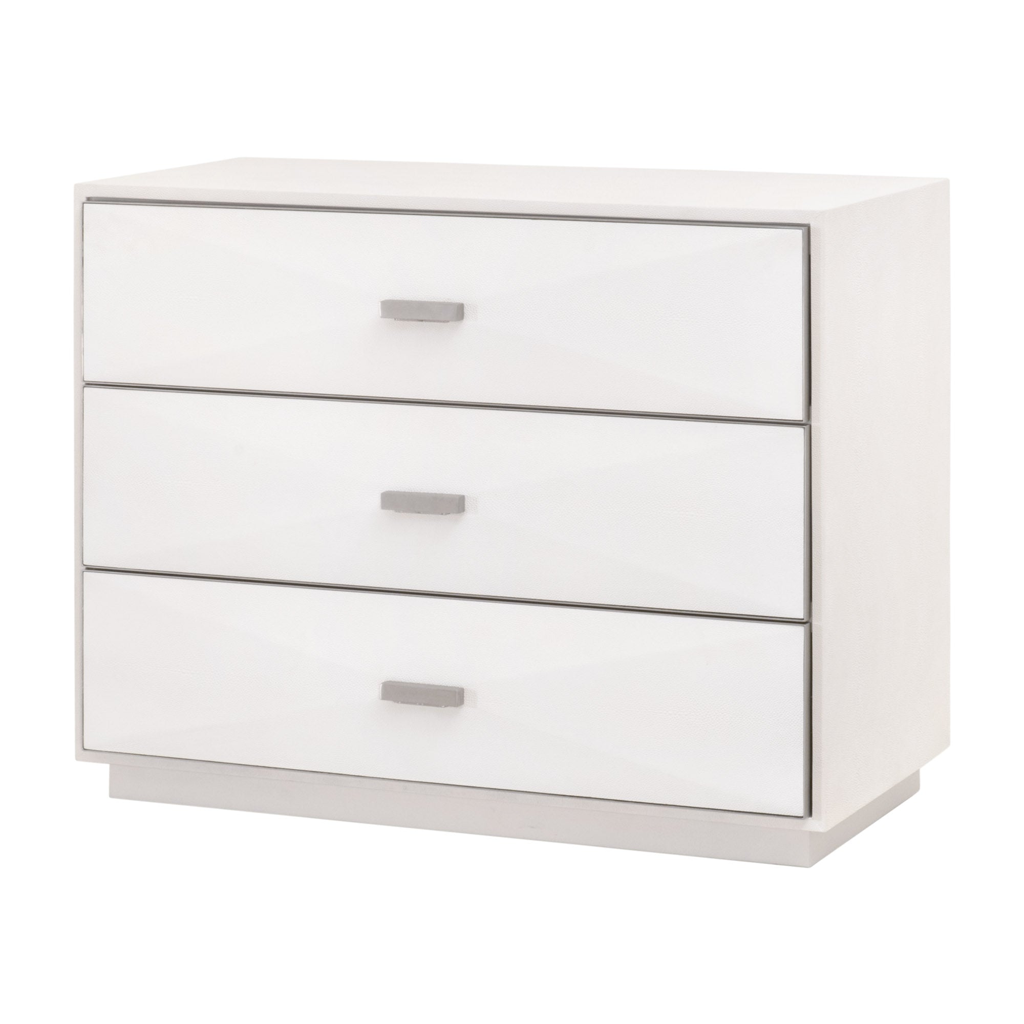 Wynn Shagreen 3-drawer nightstand with pearl-white resin finish and brushed stainless steel accents by Essentials for Living