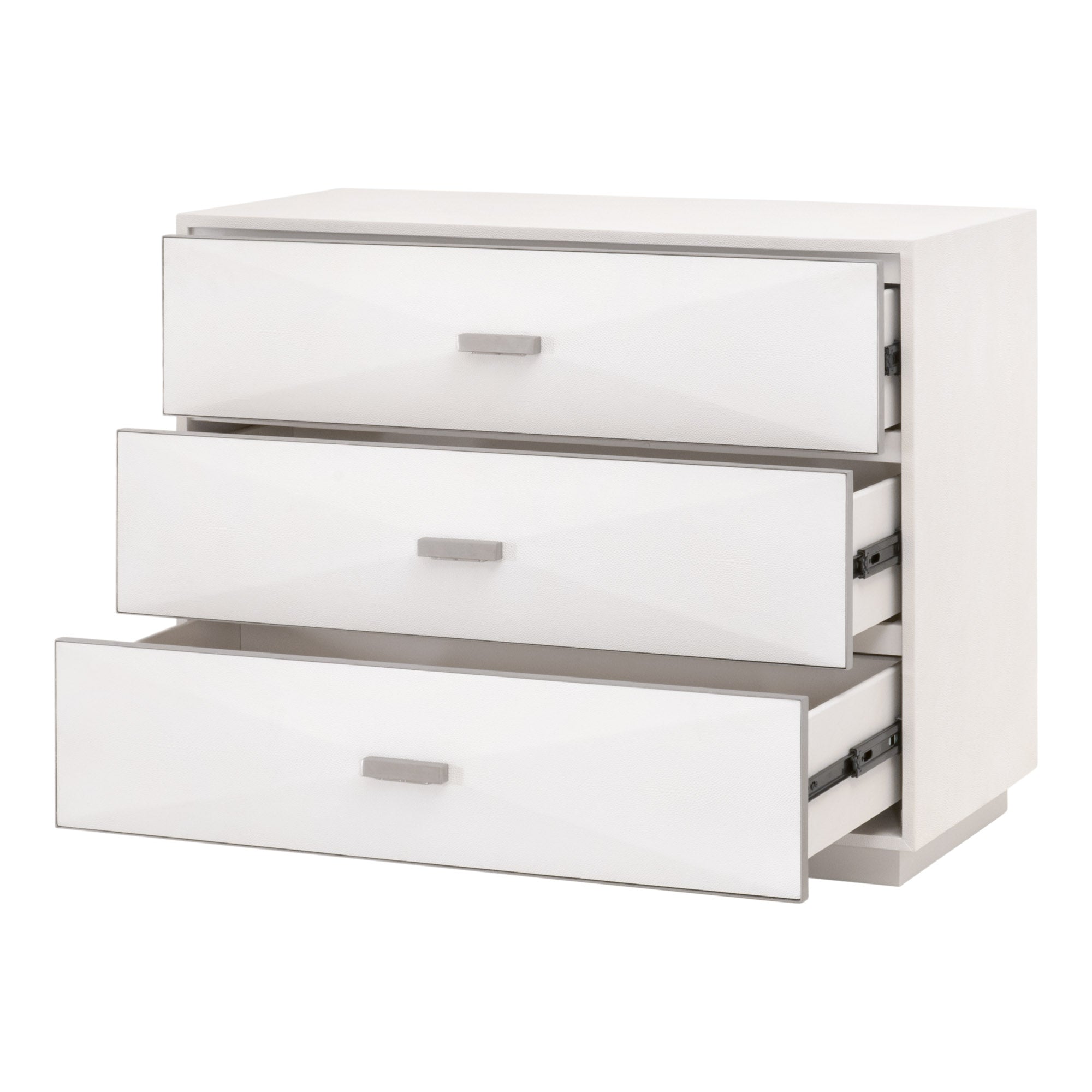 Pearl-white Wynn Shagreen 3-drawer nightstand with felt-lined drawers and brushed stainless steel by Essentials For Living